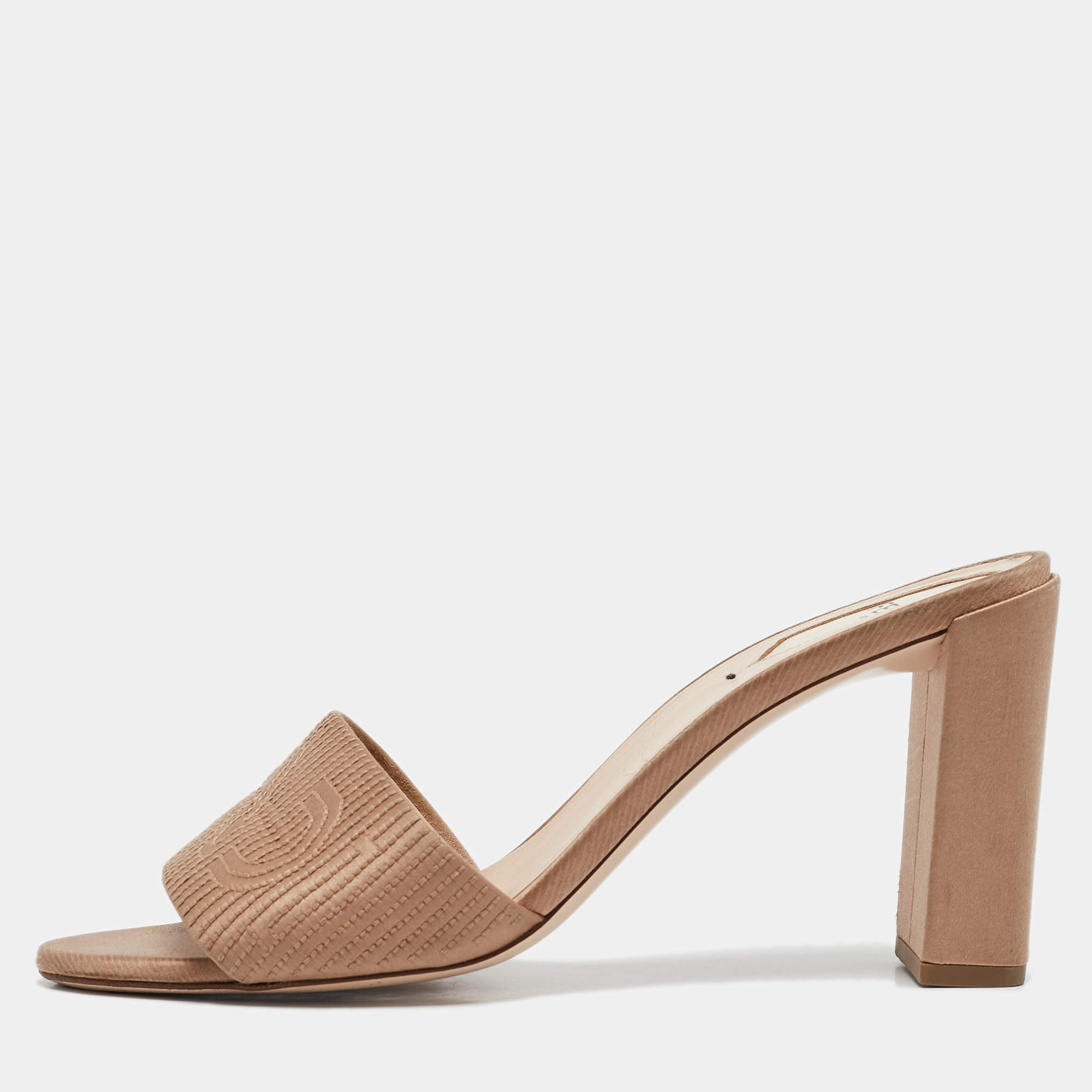 Fendi Beige Satin Logo Embroidered Slide Sandals Size 40