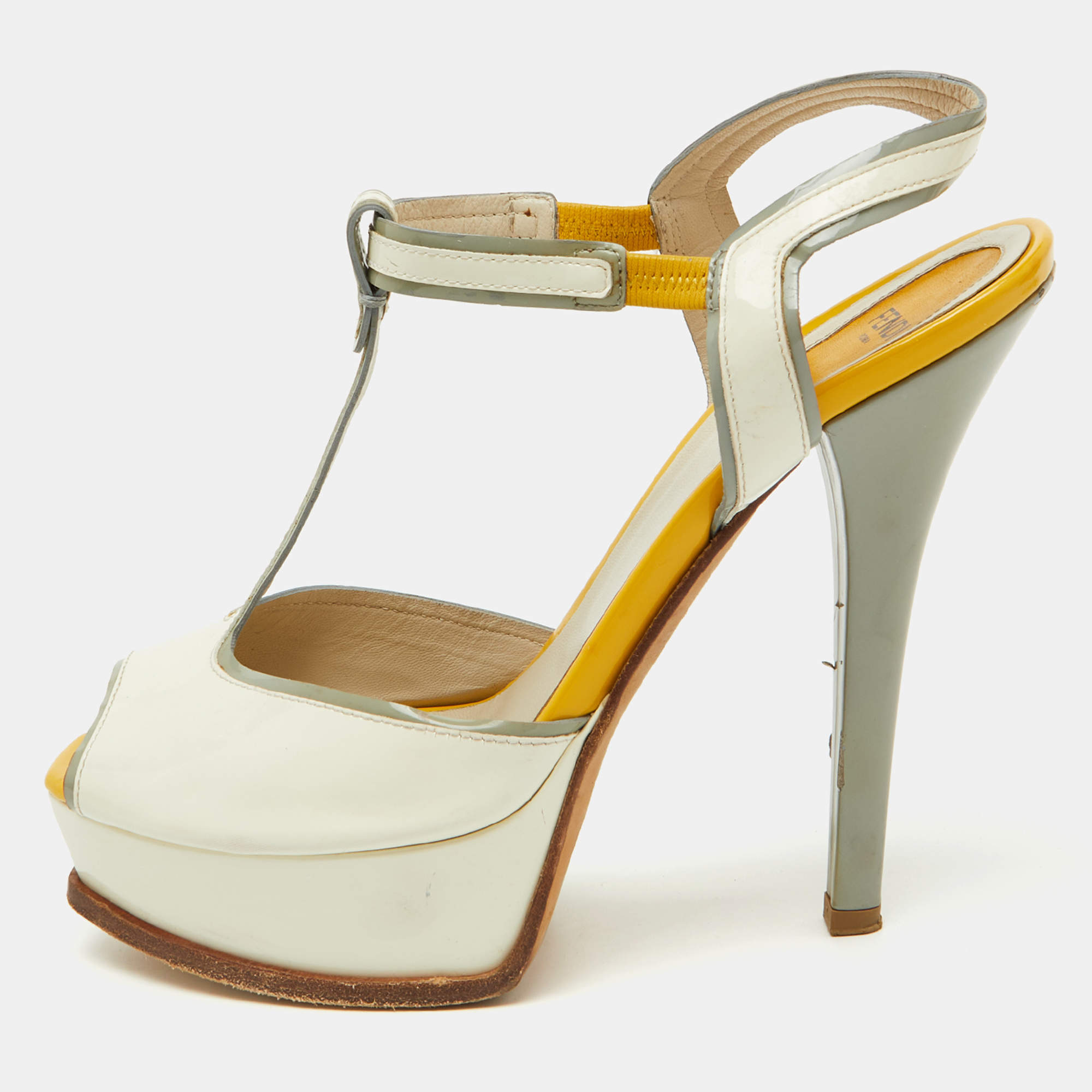 Fendi Tri Color Patent Leather T- Strap Fendista Platform Sandals Size 40