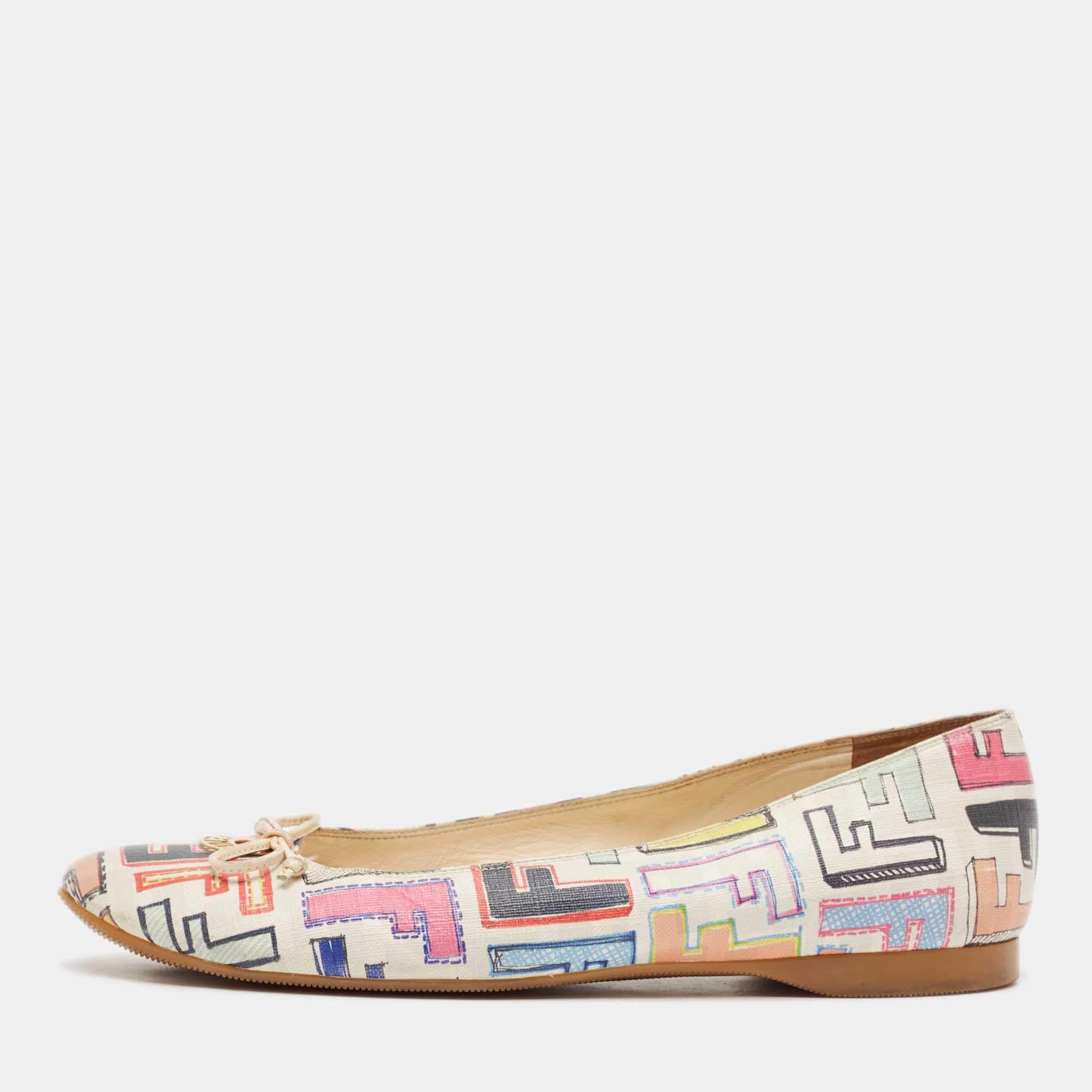 Pre Owned Fendi White Multicolor Zucca Spalmati Ballet Flats Size 39.5
