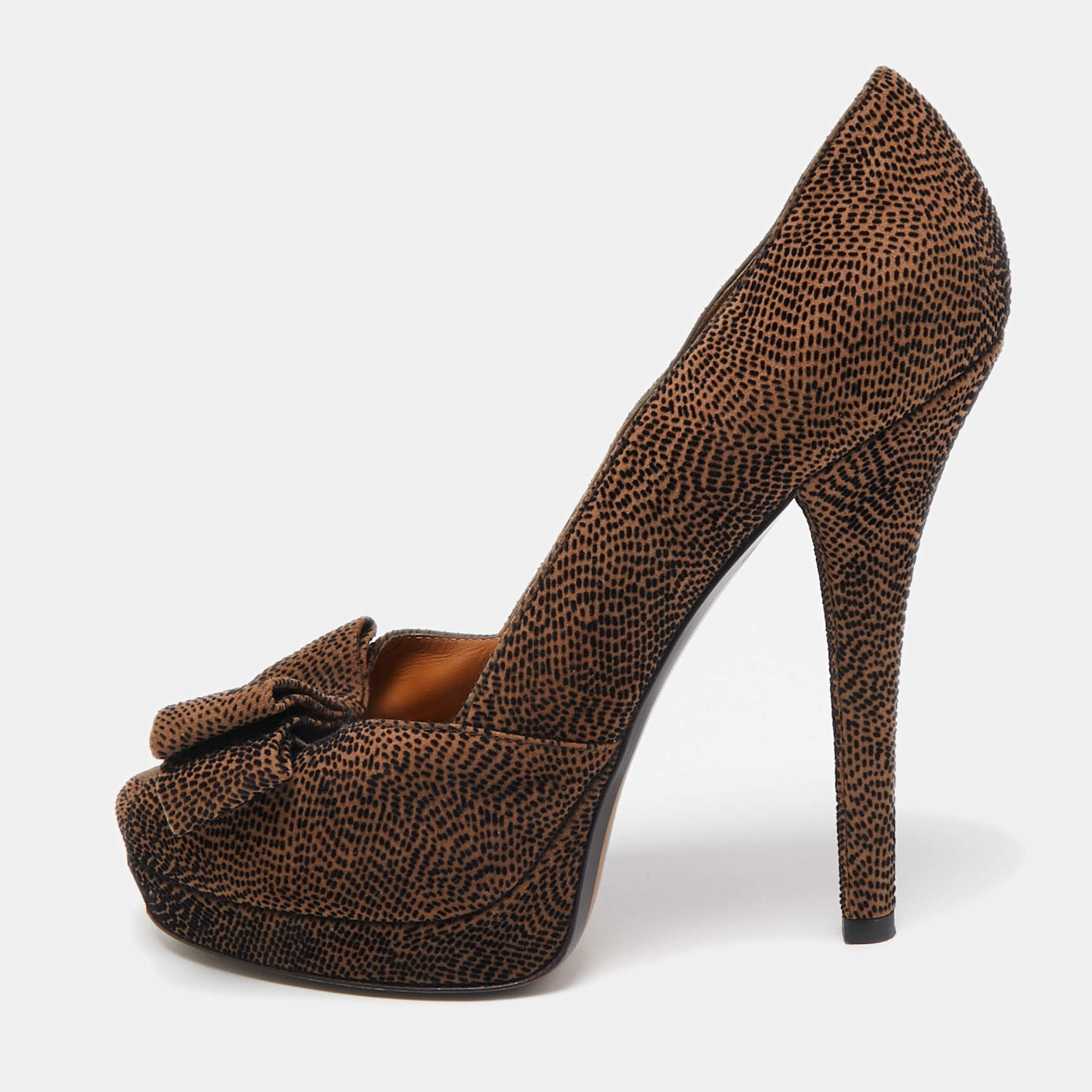 Fendi Brown/Black Textured Suede Bow Peep Toe Pumps Size 38