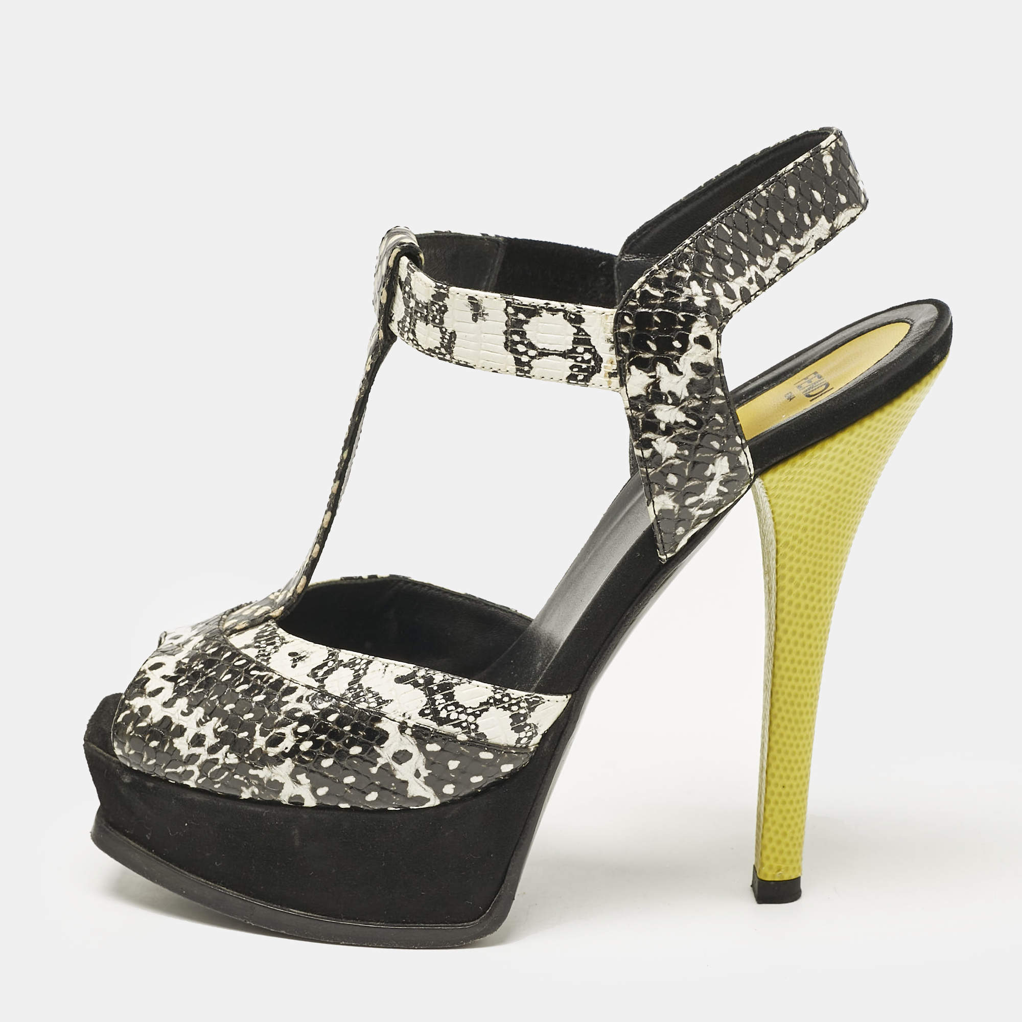 Fendi Multicolor Python Embossed Leather and Suede Animal Print T-Strap Sandals Size 38.5