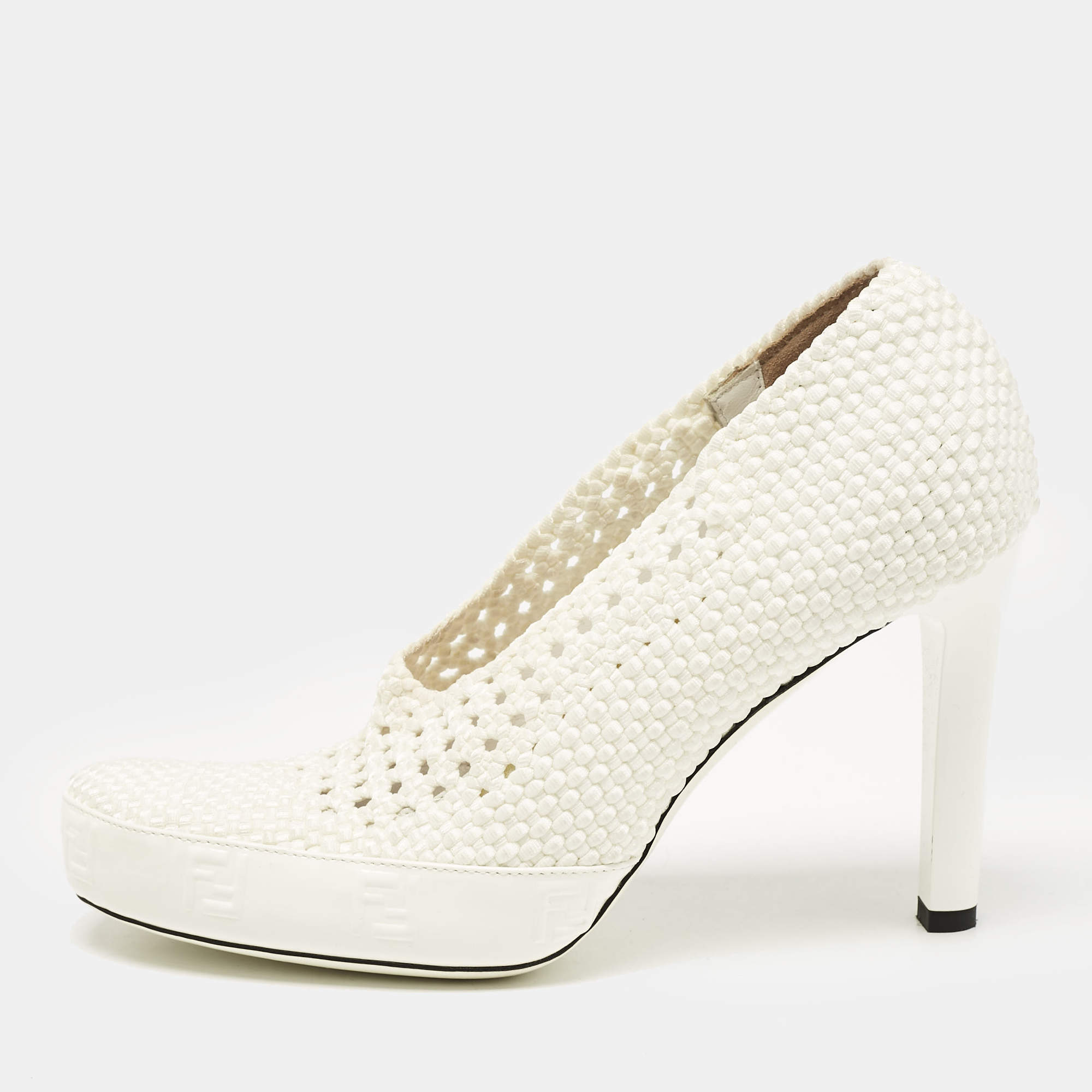 Pre Owned Fendi White Woven Fabric Square Pumps Size 39