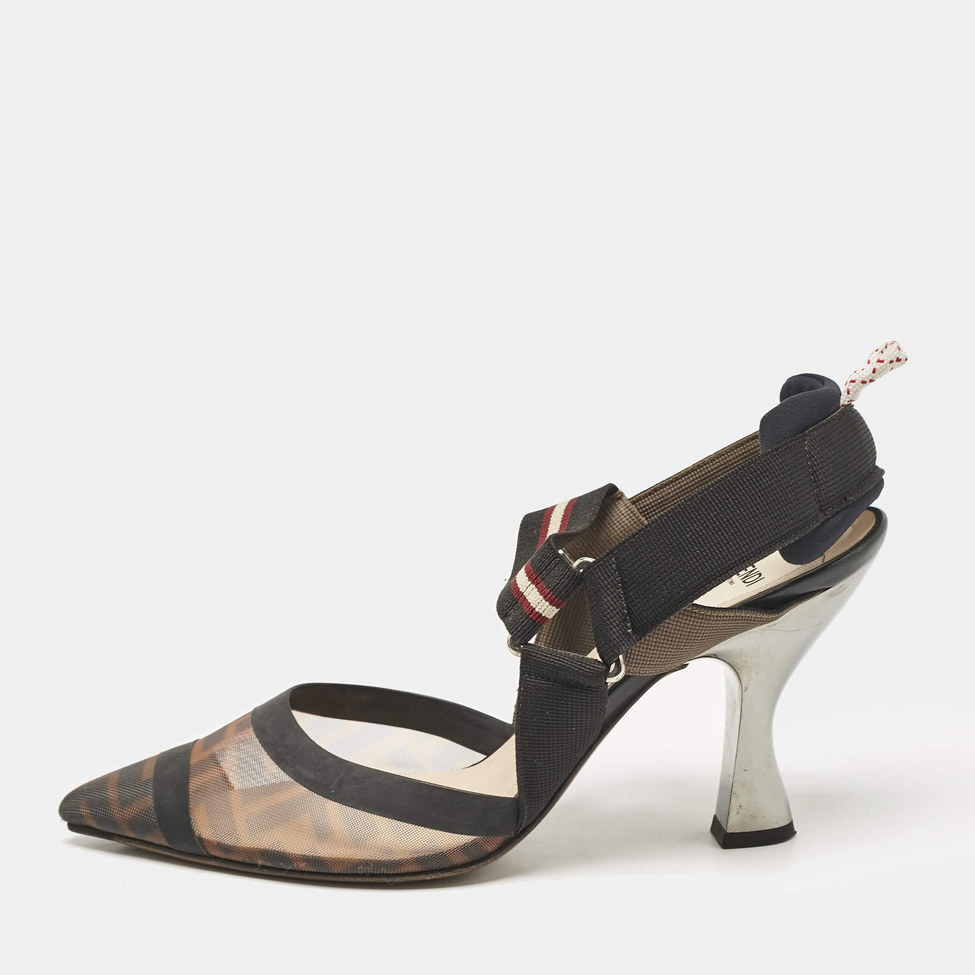 Fendi Brown Zucca Mesh and Canvas Colibri Slingback Pumps Size 39