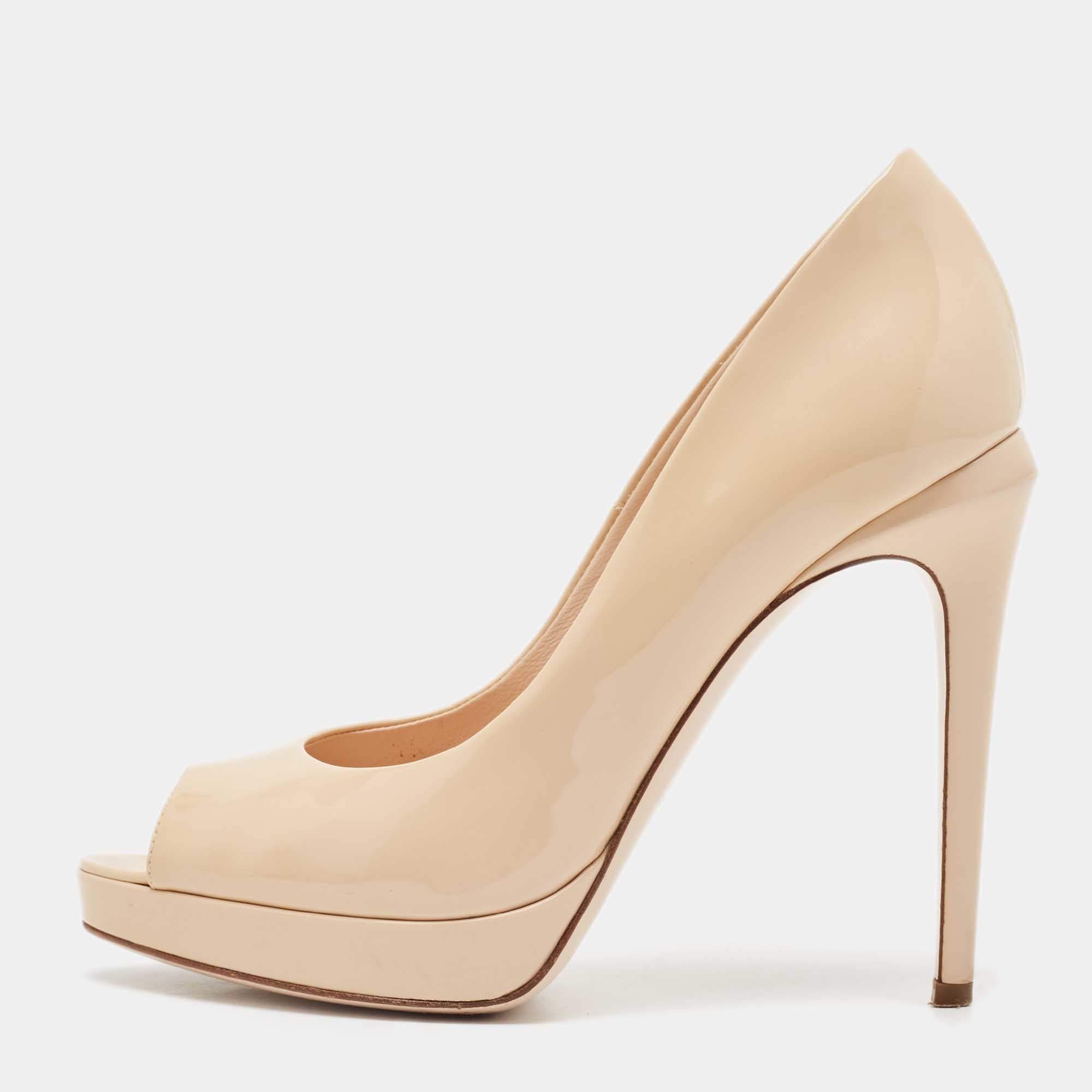Pre Owned Fendi Beige Patent Leather Platform Peep Toe  Pumps Size 36