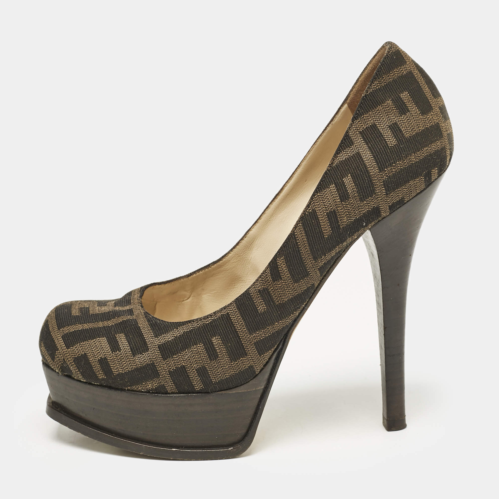 Fendi Brown Zucca Canvas Fendista Platform Pumps Size 39