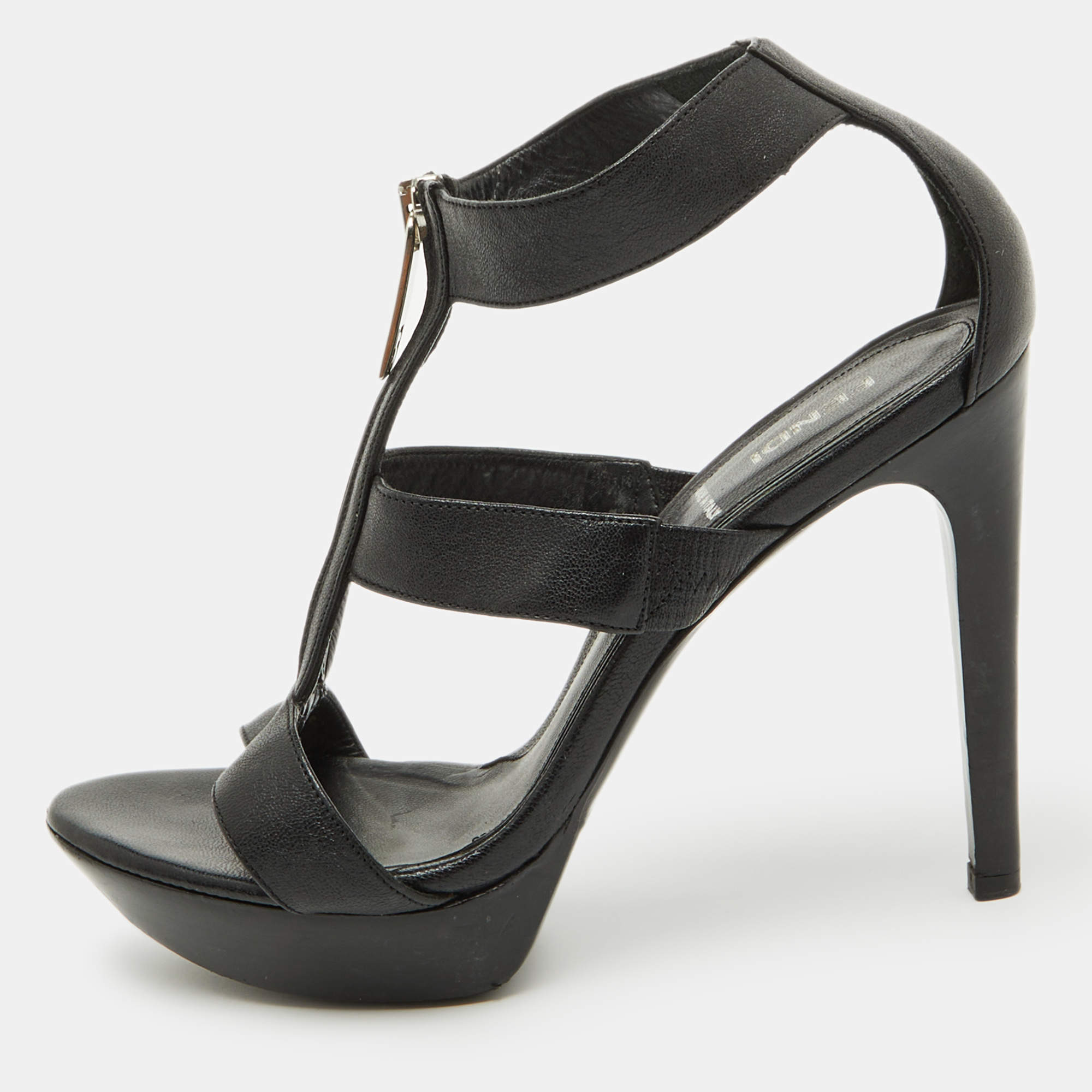 Pre Owned Fendi Black Leather Zipper Strappy Platform Sandals Size 37.5