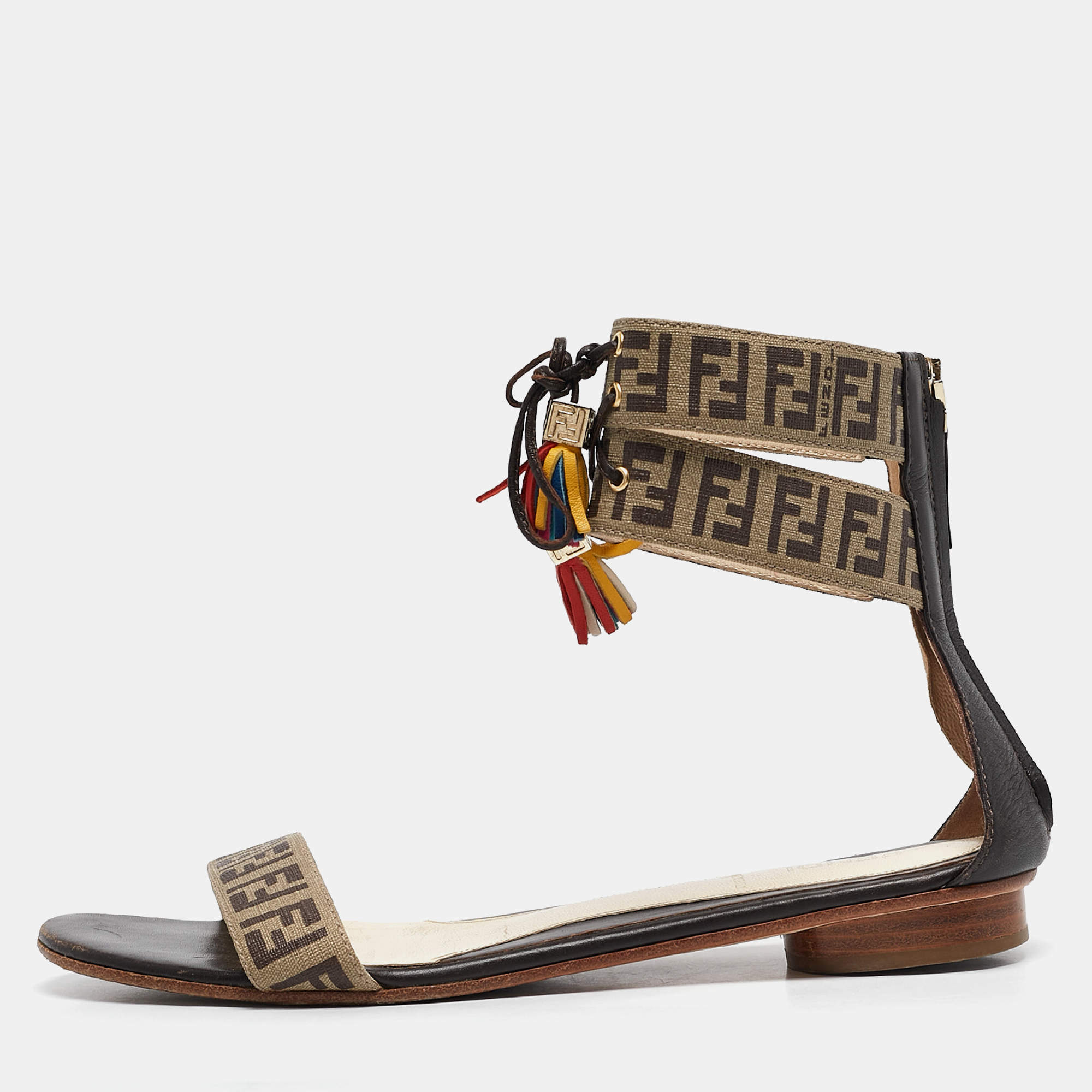 Fendi Tobacco Zucca Canvas and Leather Ankle Strap Flat Sandals Size 37.5