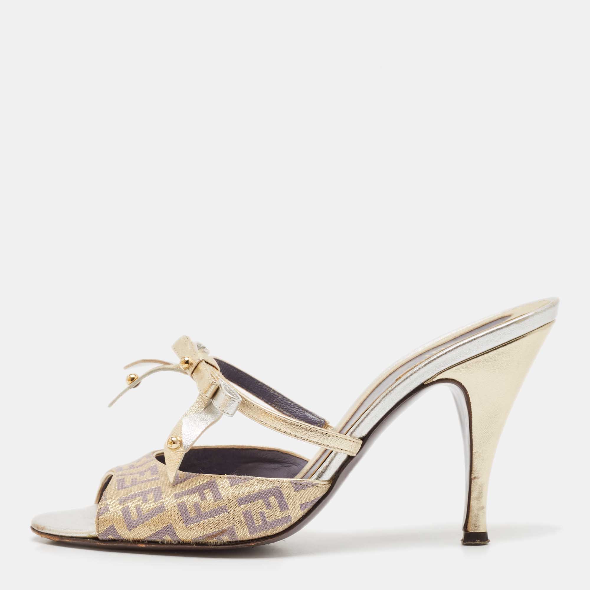 Fendi Yellow/Brown Leather and Zucca Canvas Slide Sandals Size 36.5