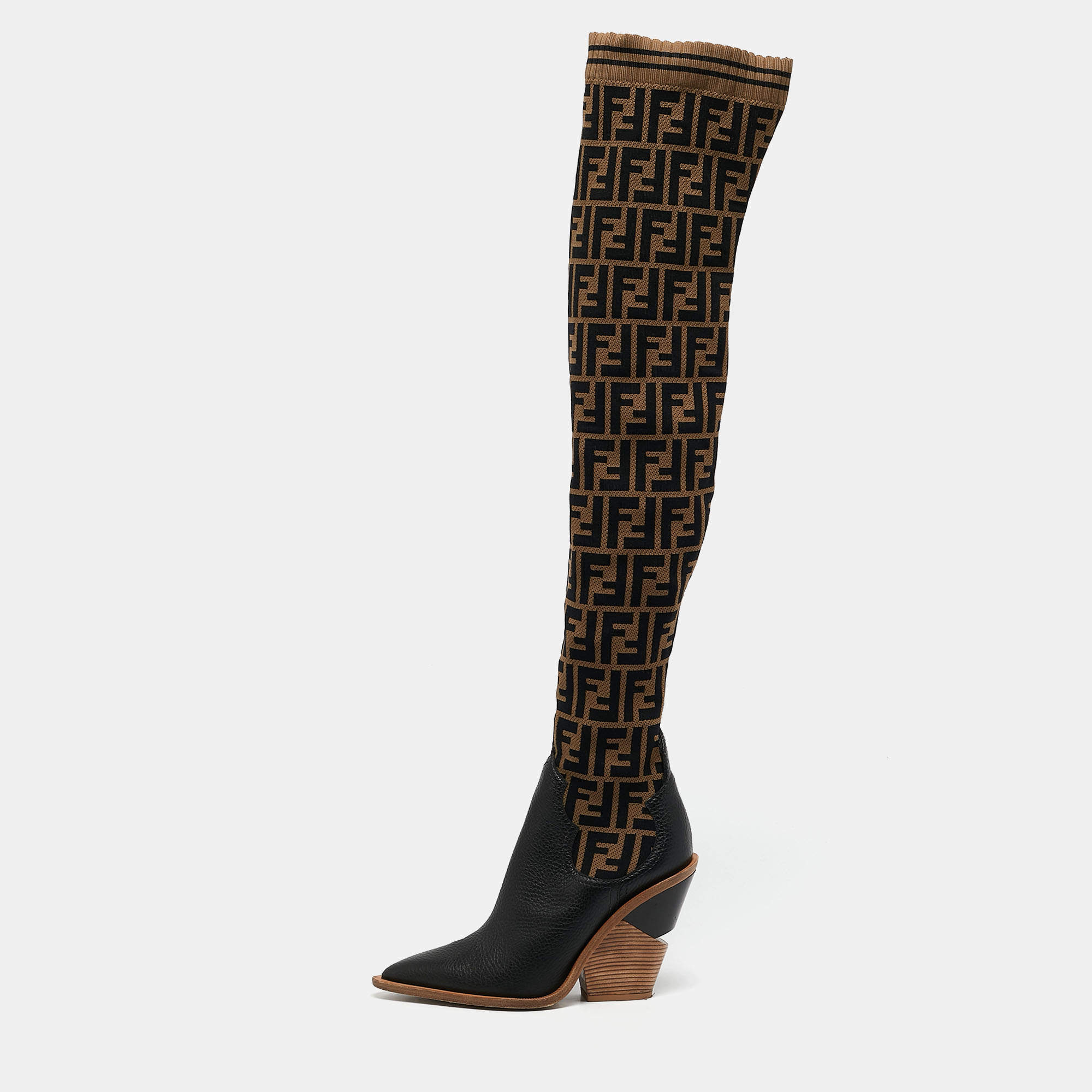 Pre Owned Fendi Black/Beige Zucca Fabric And Leather Colibri Knee Length Boots Size 38