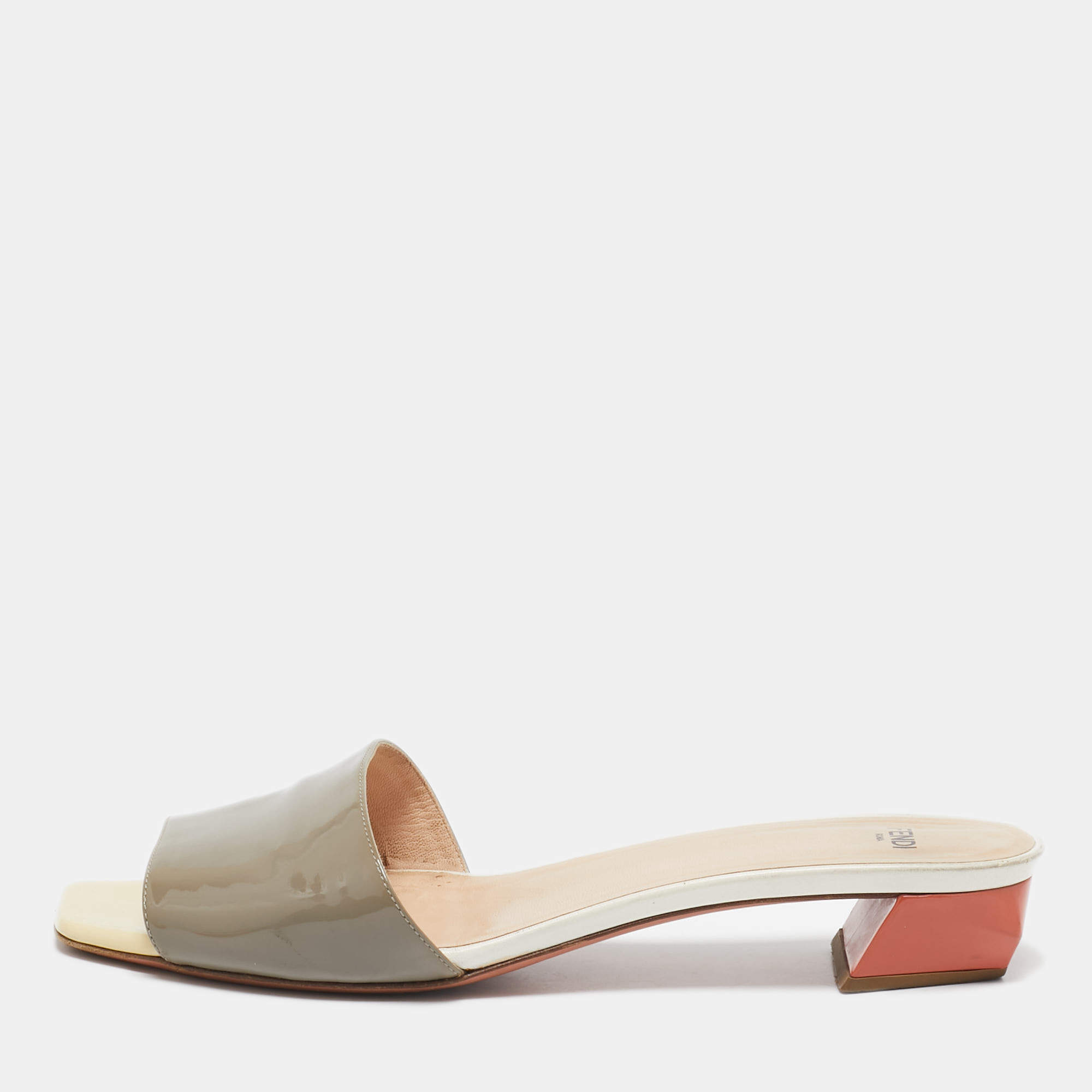 Fendi Grey Patent Leather Slide Sandals Size 41