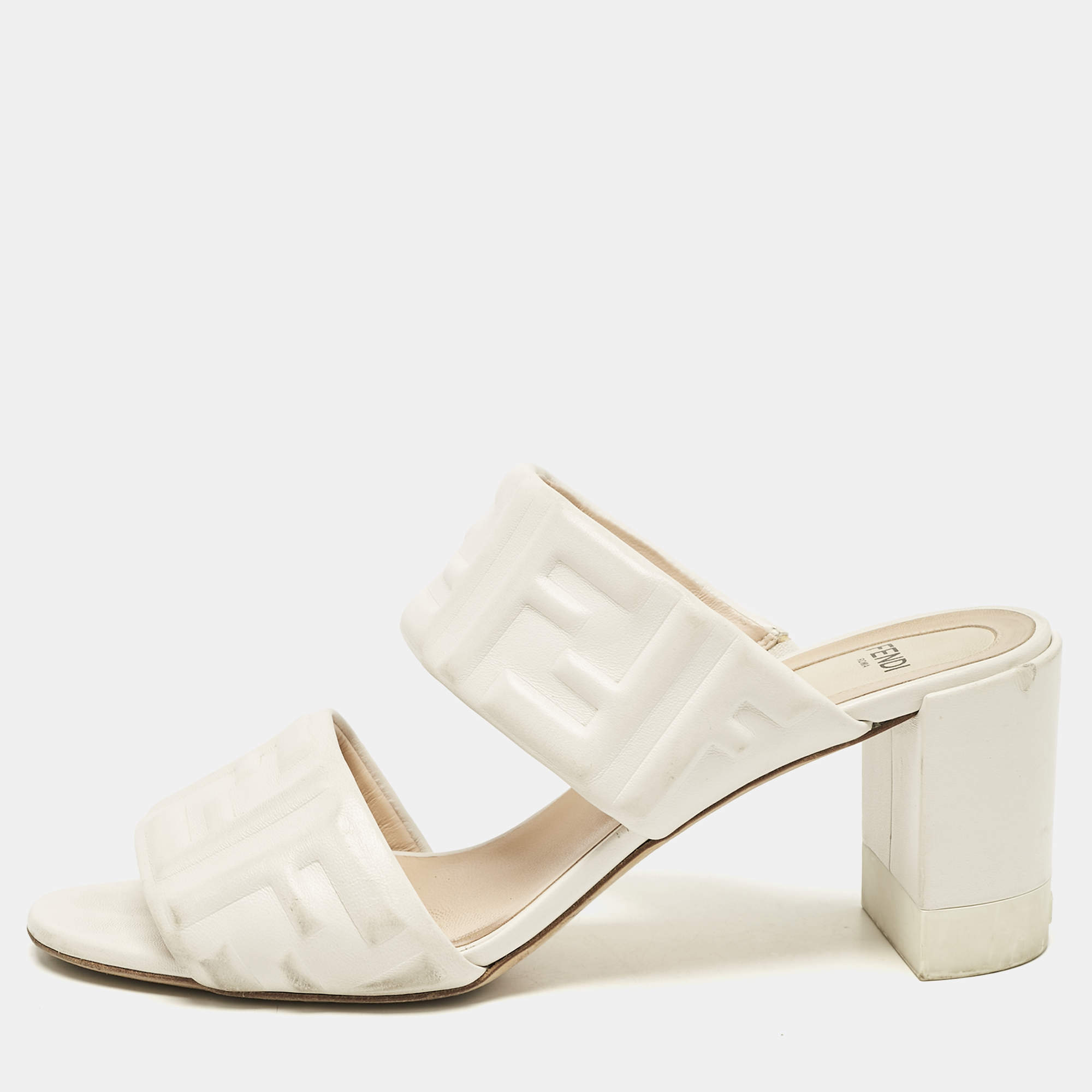 Fendi White Leather FF Block Heel Slide Sandals Size 39