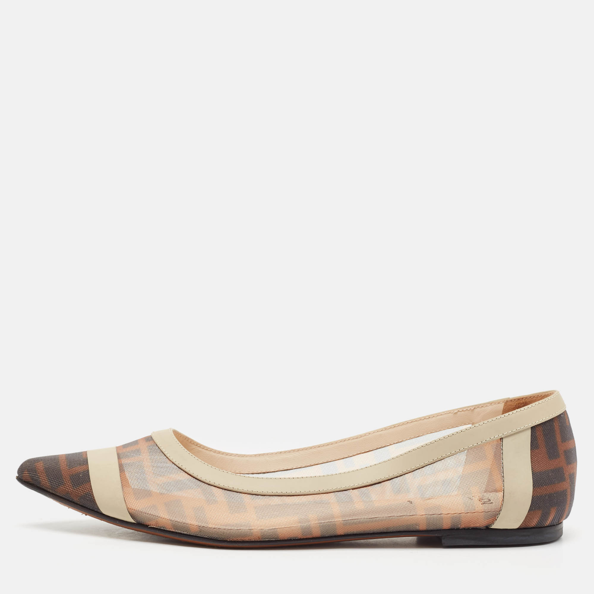 Fendi Brown/White Zucca Mesh And Leather Colibri Ballet Flats Size 38.5
