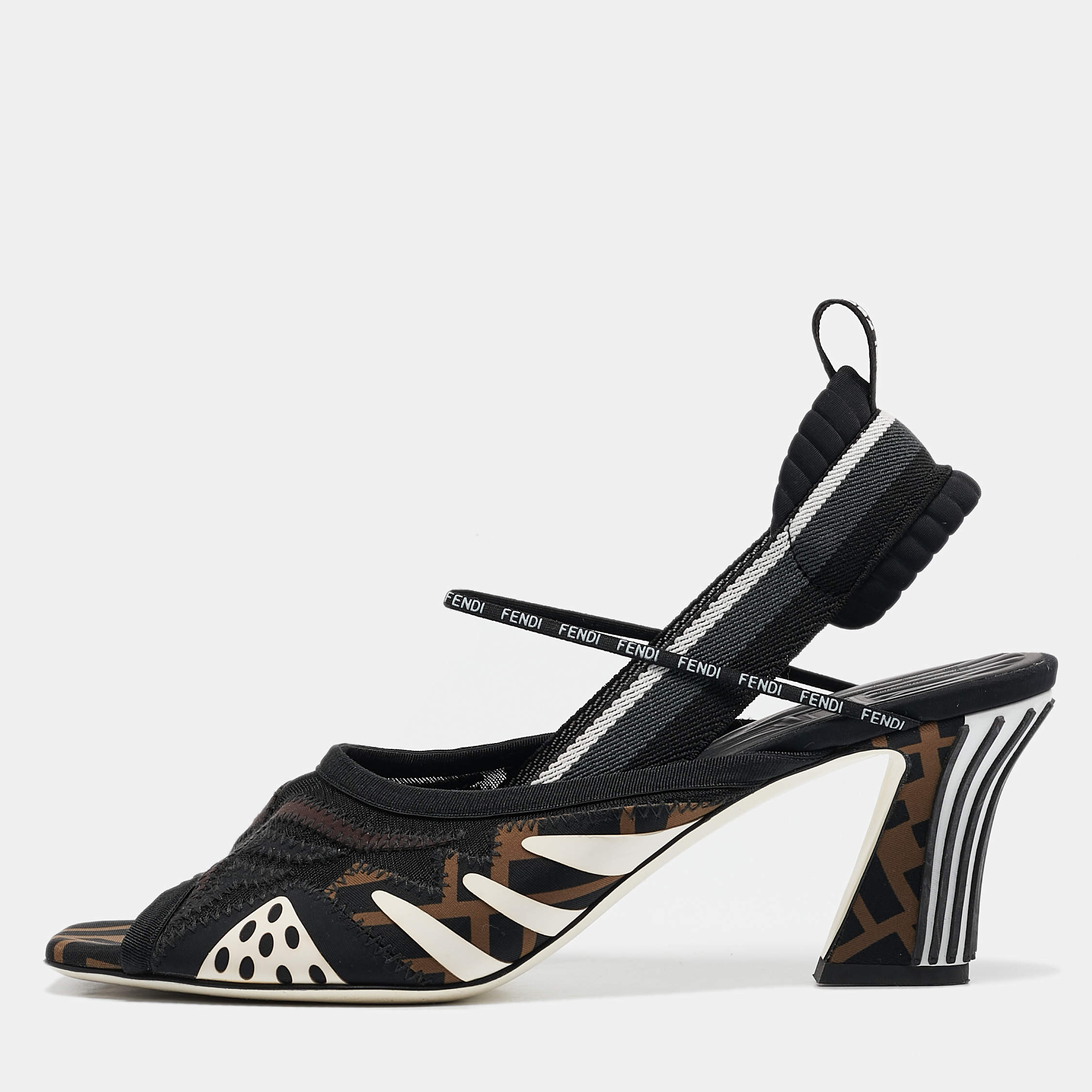 Fendi Black Neoprene and Mesh Freedom FF Patchwork Slingback Sandals Size 40.5