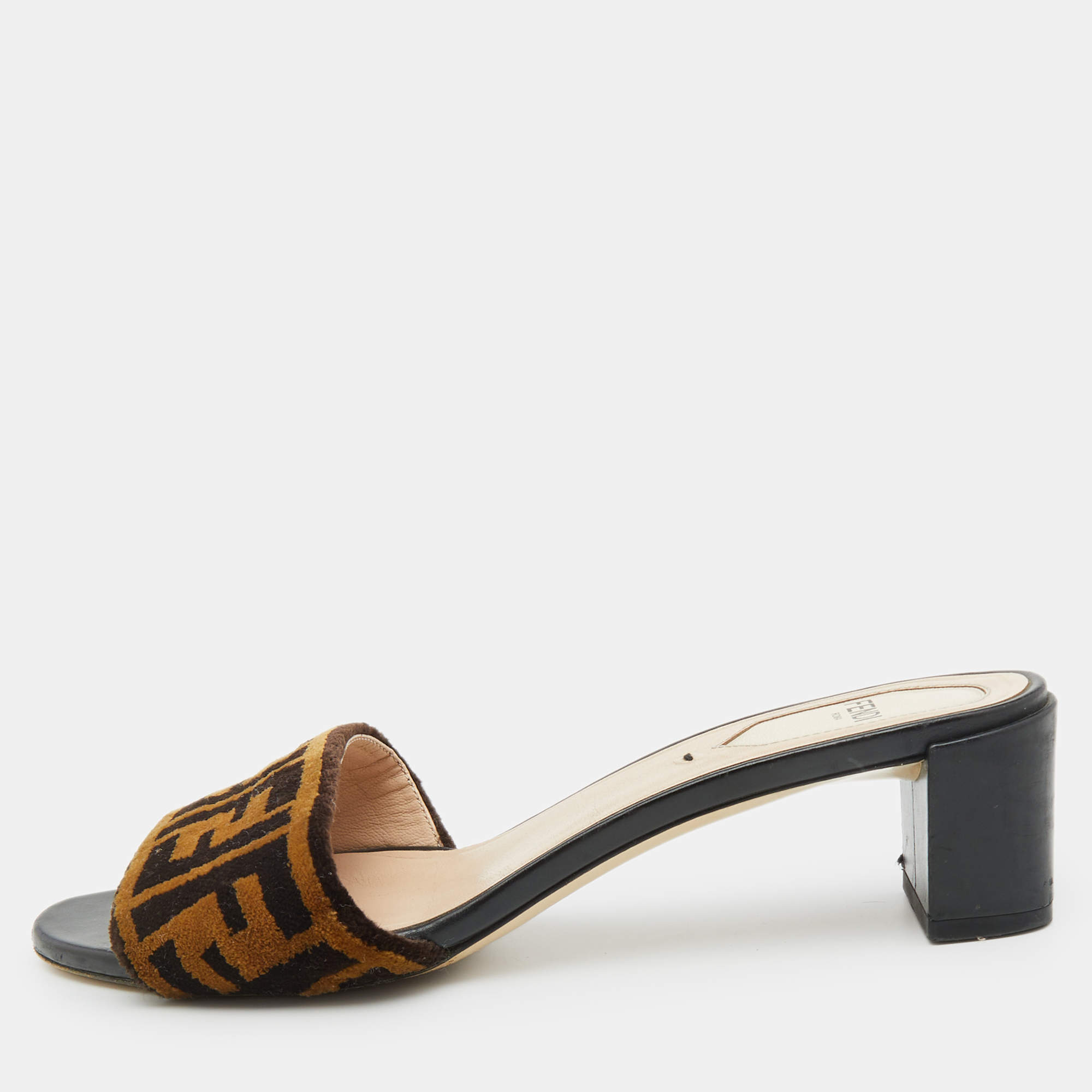 Fendi Brown Zucca Velvet Open Toe Slide Sandals Size 37