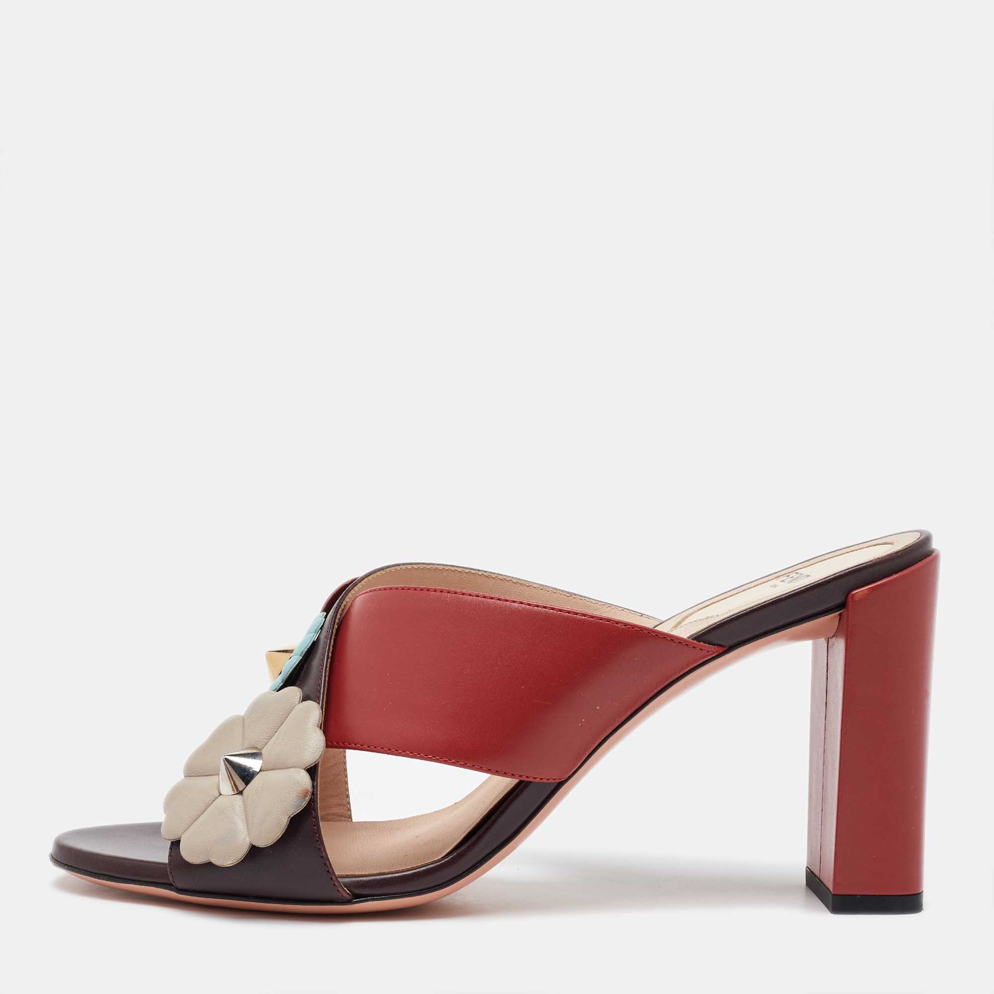 Fendi Red/Brown Leather Flowerland CrissCross Slide Sandals Size 40