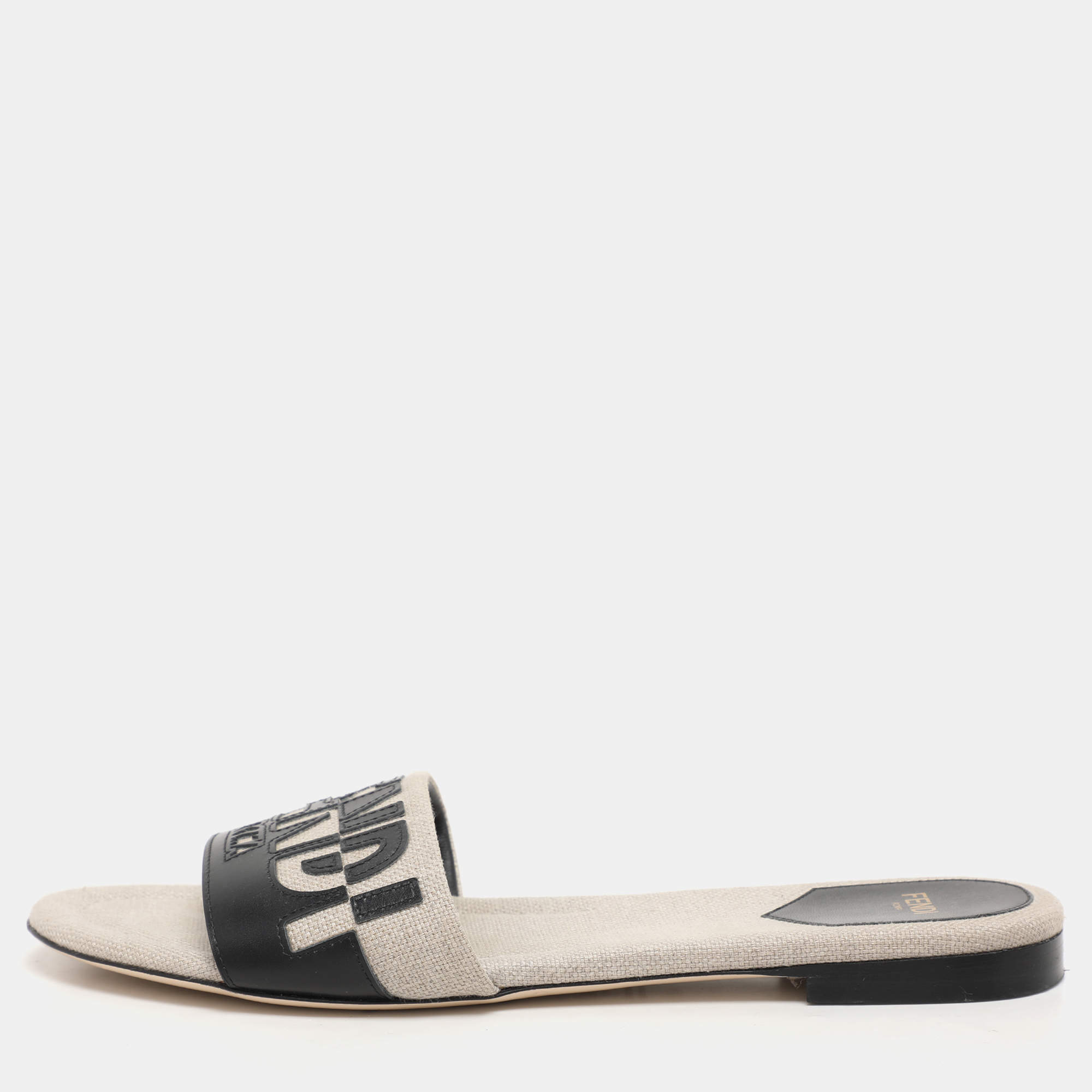 Fendi Grey/Black Canvas and Leather FF Flat Slide Size 40