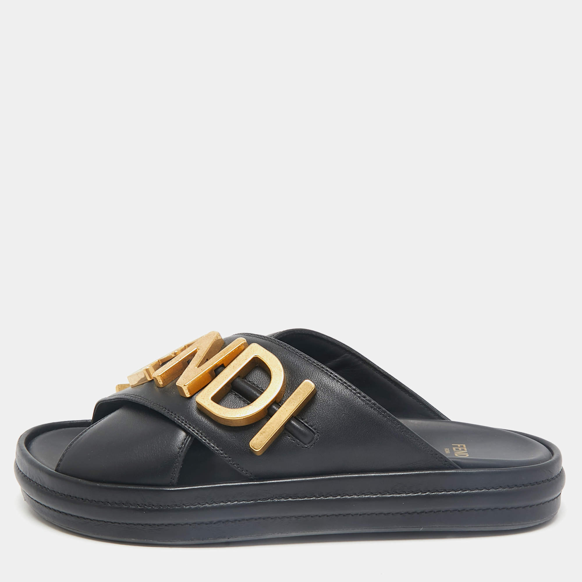 مملوكة مسبقًا Fendi Black Leather Fendigraphy Flat Slides Size 37