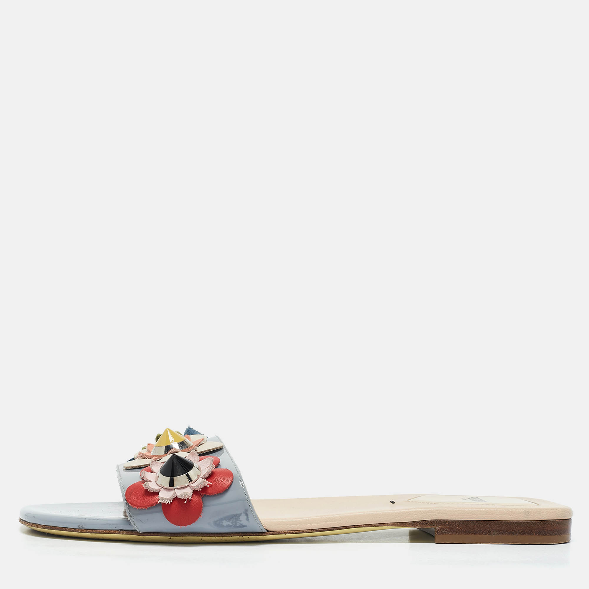 Fendi Multicolor Leather and Patent Flower Embellished Flat Sandals Size 38.5