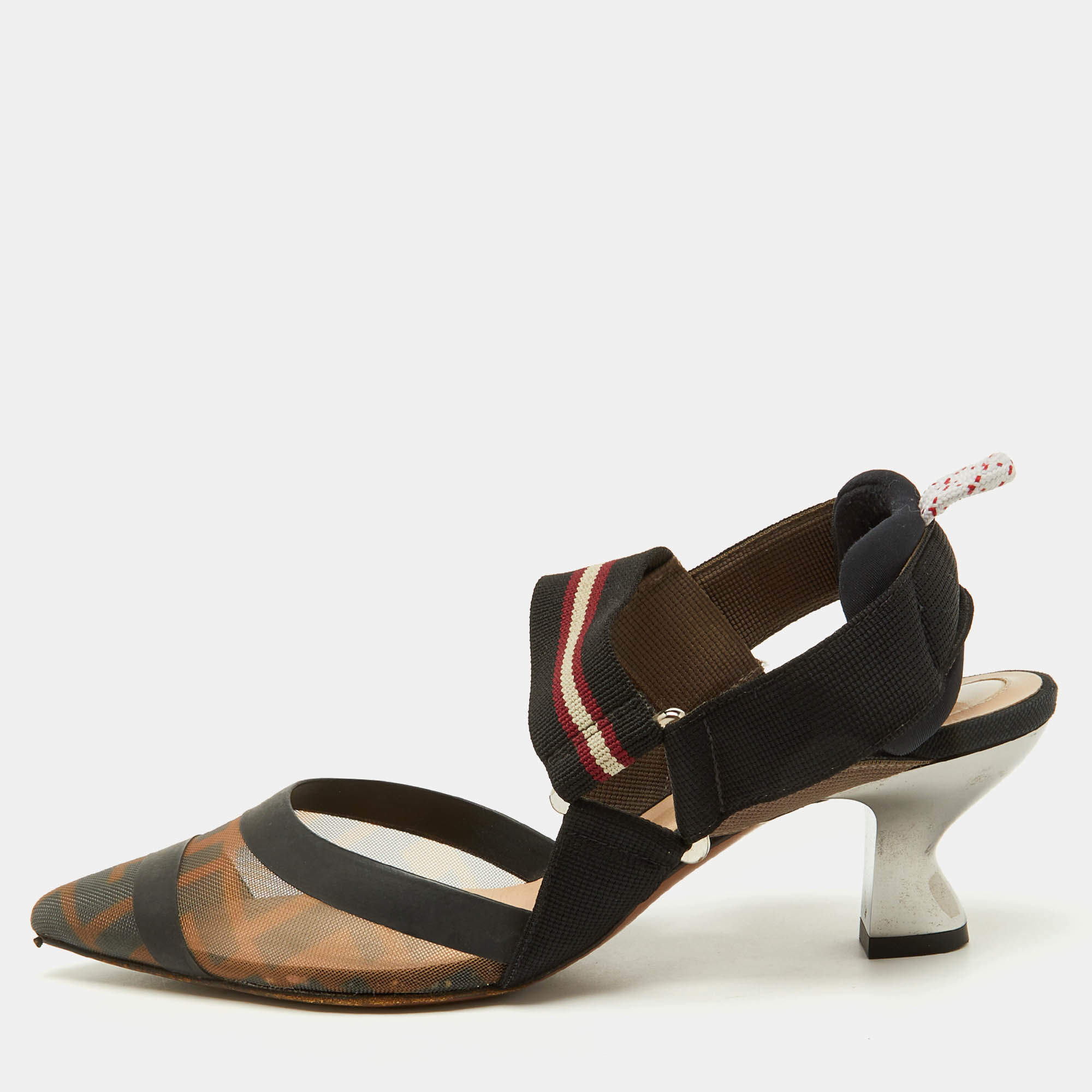Fendi Brown/Black Zucca Mesh and Fabric Colibri Slingback Pumps Size 35