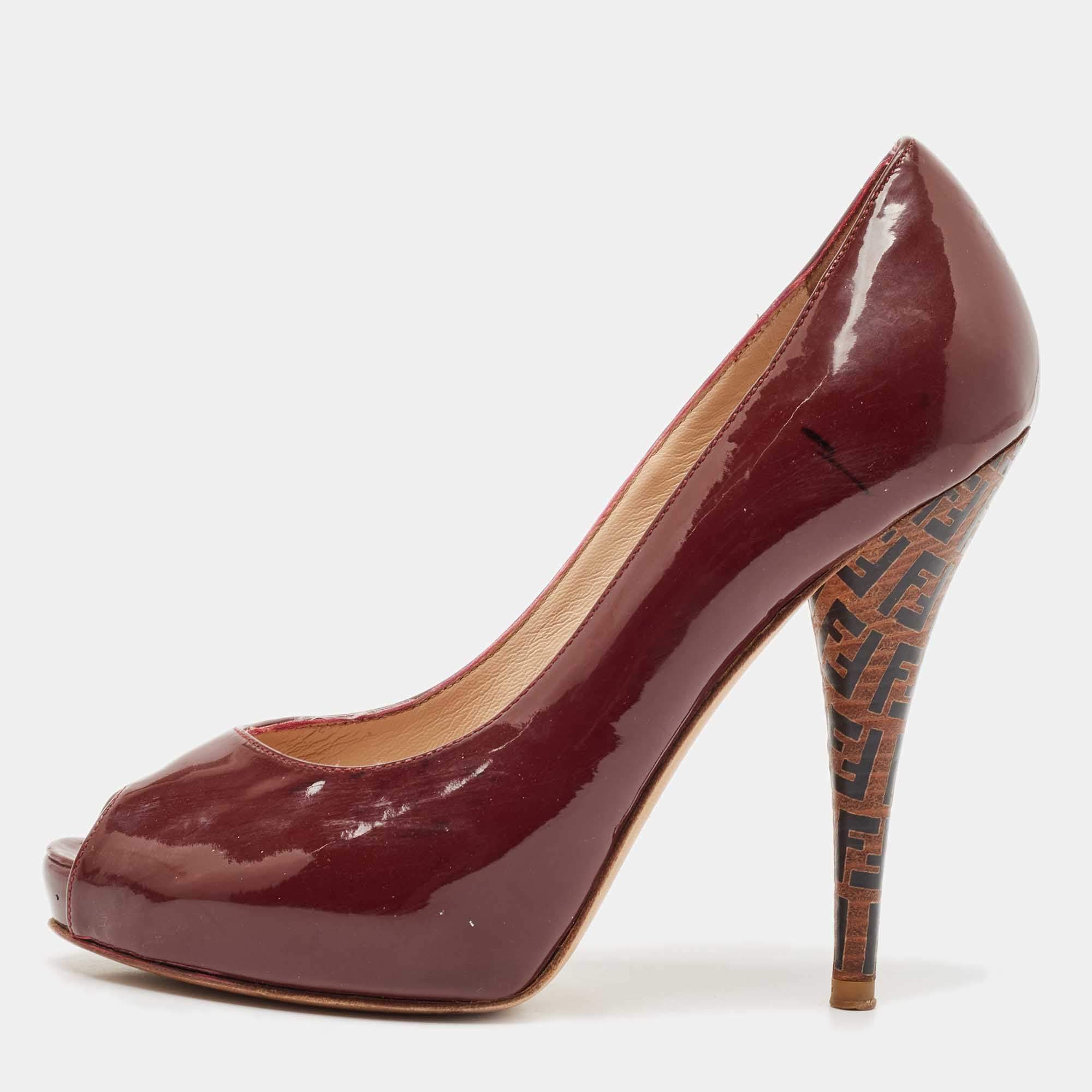 Pre Owned Fendi Burgundy Patent Leather Peep Toe Platform Pumps Size 35