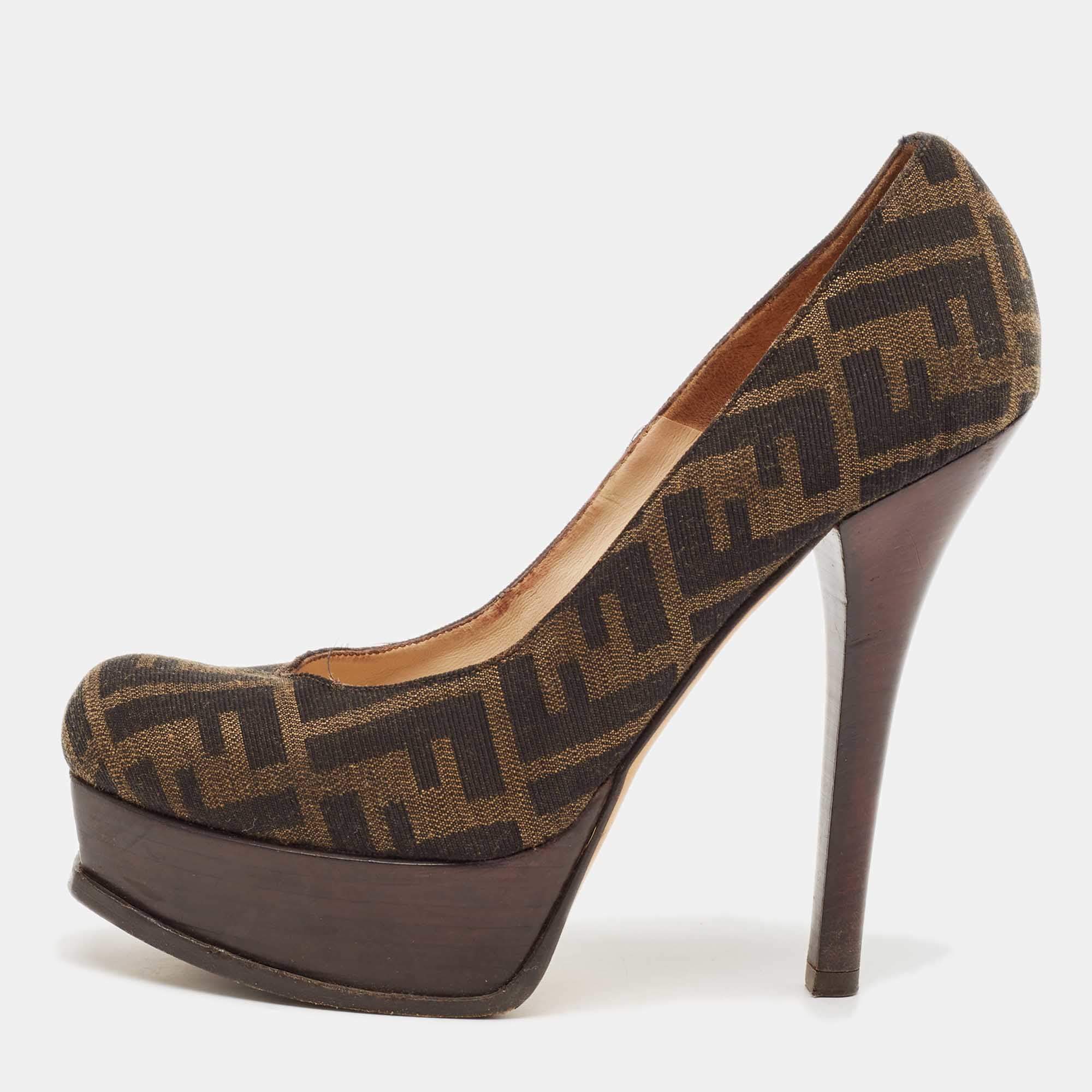 Fendi Brown Zucca Canvas Fendista Platform Pumps Size 39