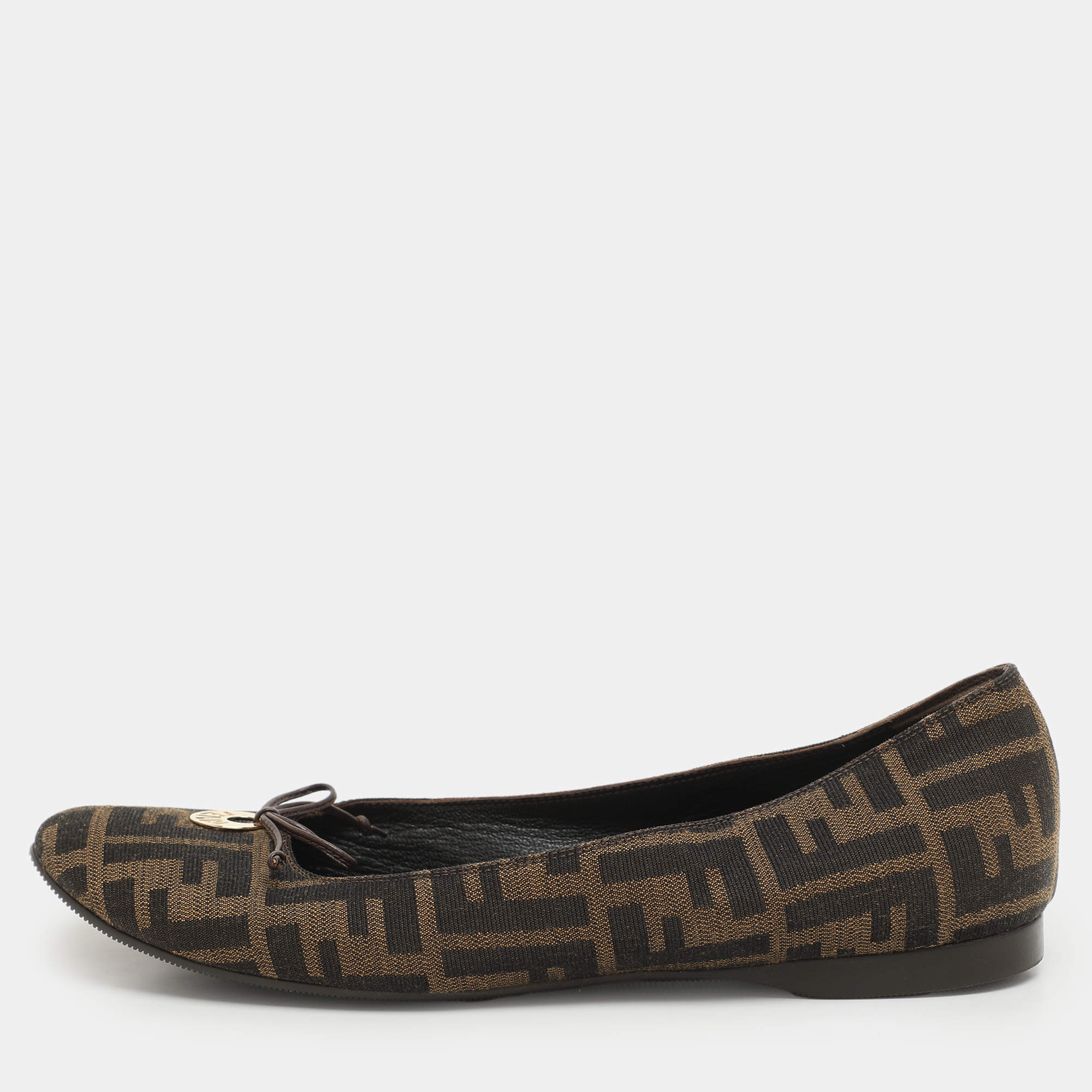 Fendi Tobacco Zucca Canvas Logo Bow Ballet Flats Size 41