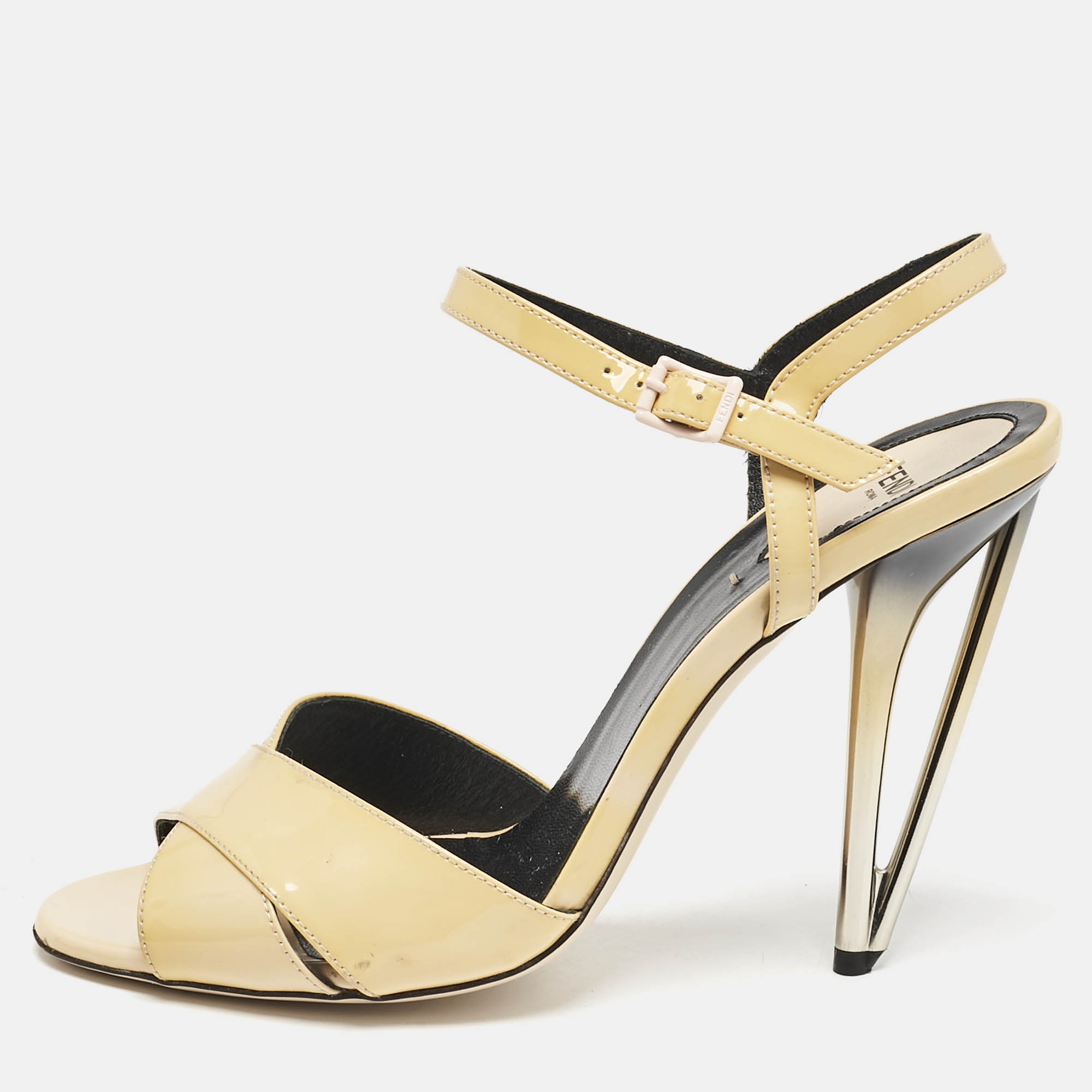 Fendi Beige Patent Leather Open Toe Ankle Strap Sandals Size 40