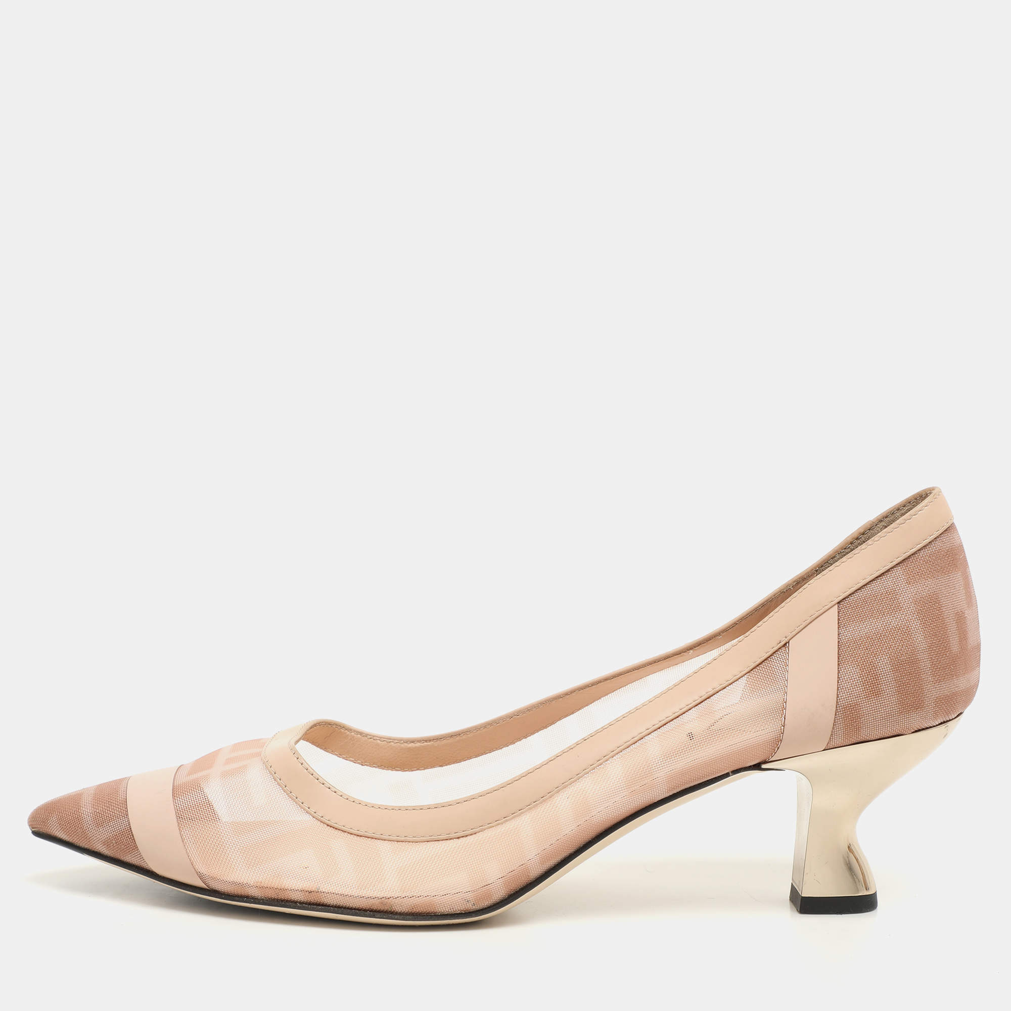Pre Owned Fendi Beige Zucca Mesh and Leather Colibri Pointed Toe Pumps Size 40