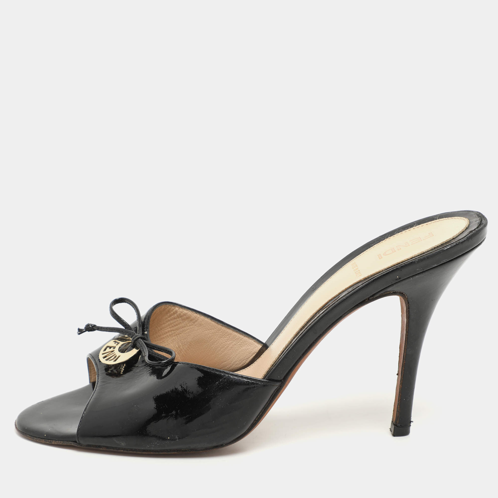 Fendi Black Patent Leather Logo Plaque Open Toe Sandals Size 39