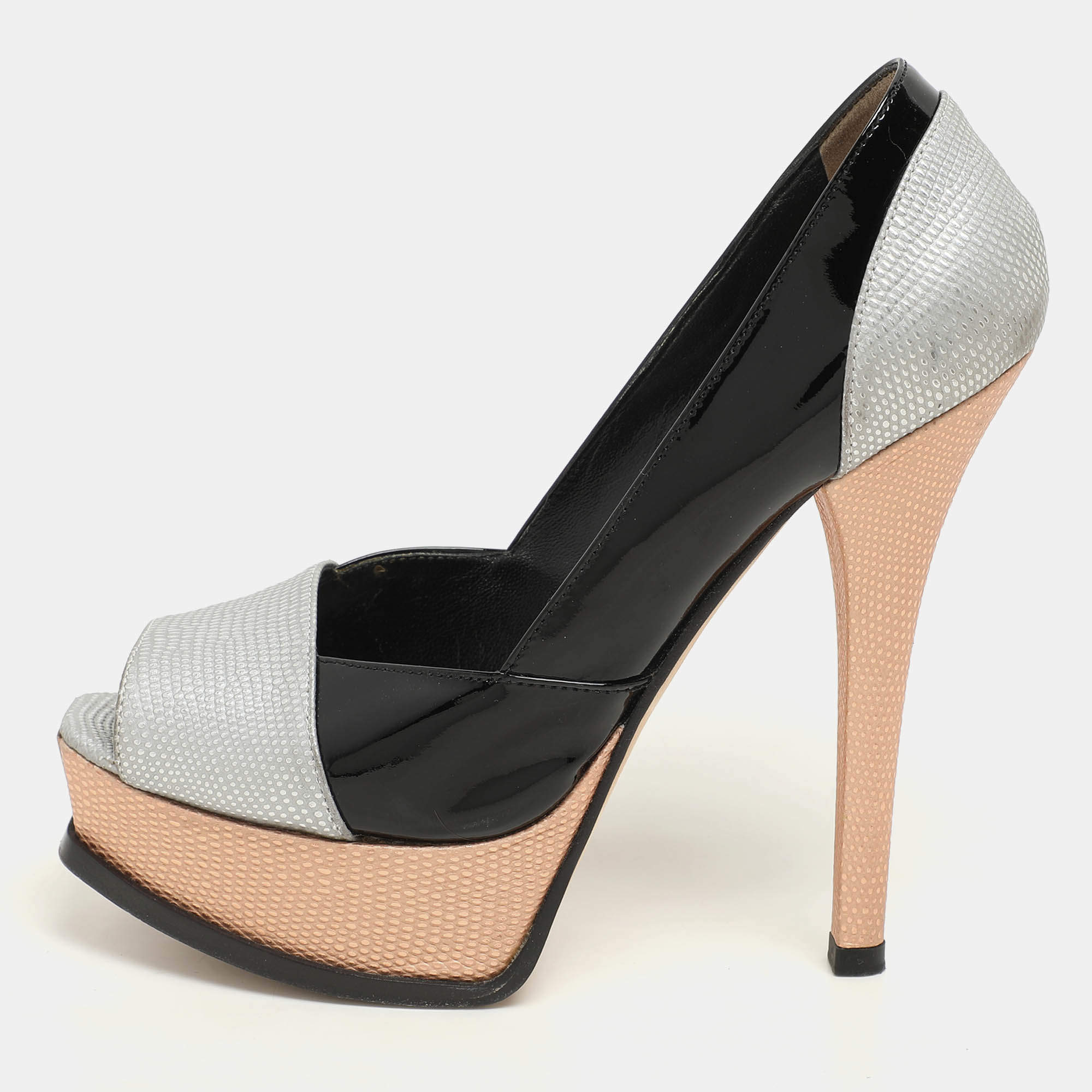 Fendi Black Lizard Embossed Leather and Patent Leather Fendista Platform Pumps Size 37.5