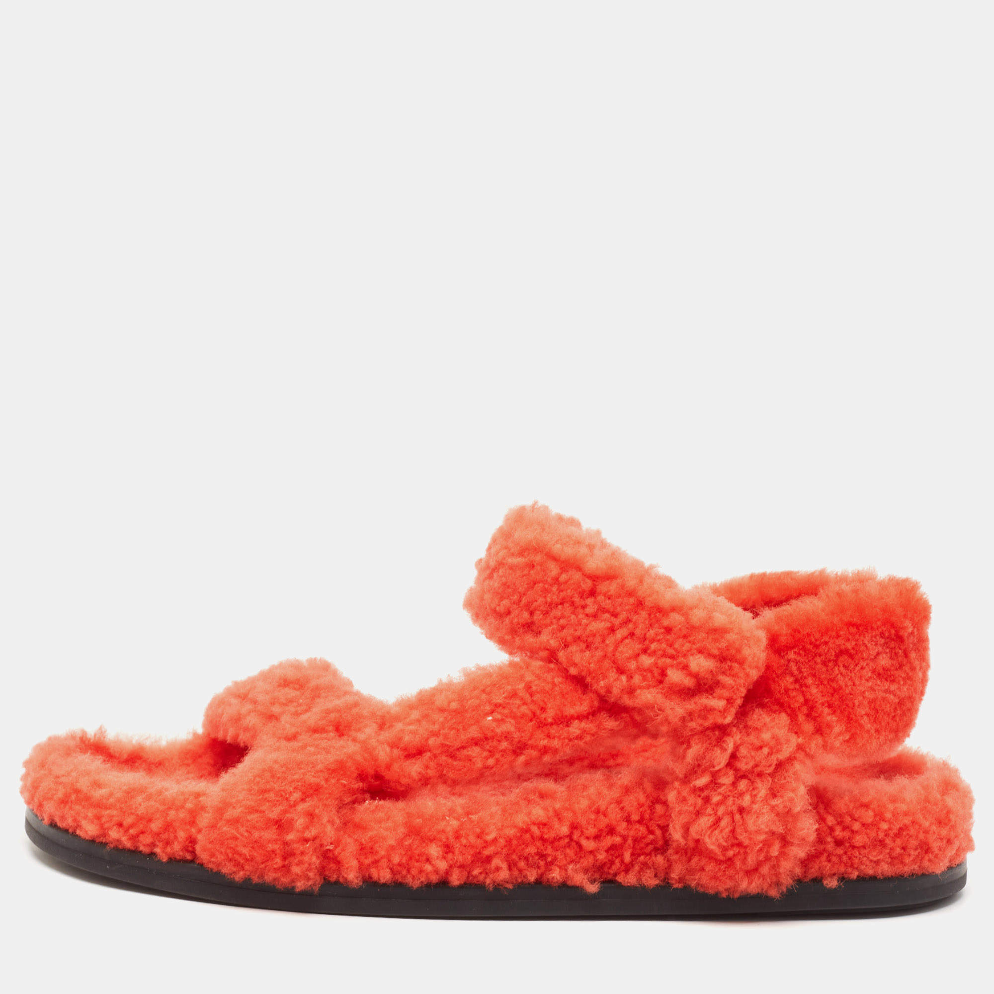 Pre Owned Fendi Red Shearling Fur Ankle Strap Flat Sandals Size 37.5