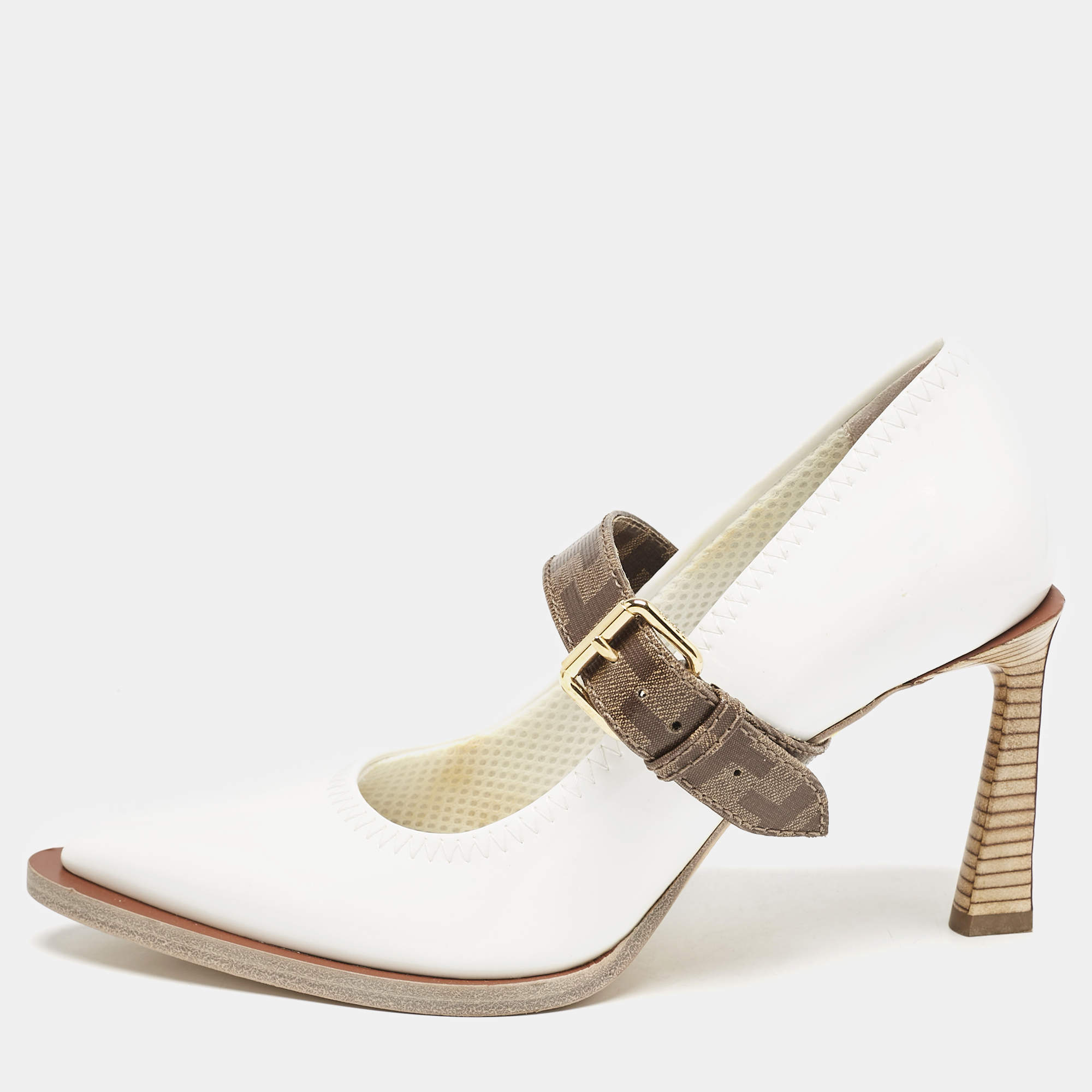 Fendi White/Brown Patent Leather Mary Jane Oversized Sole Pumps Size 37