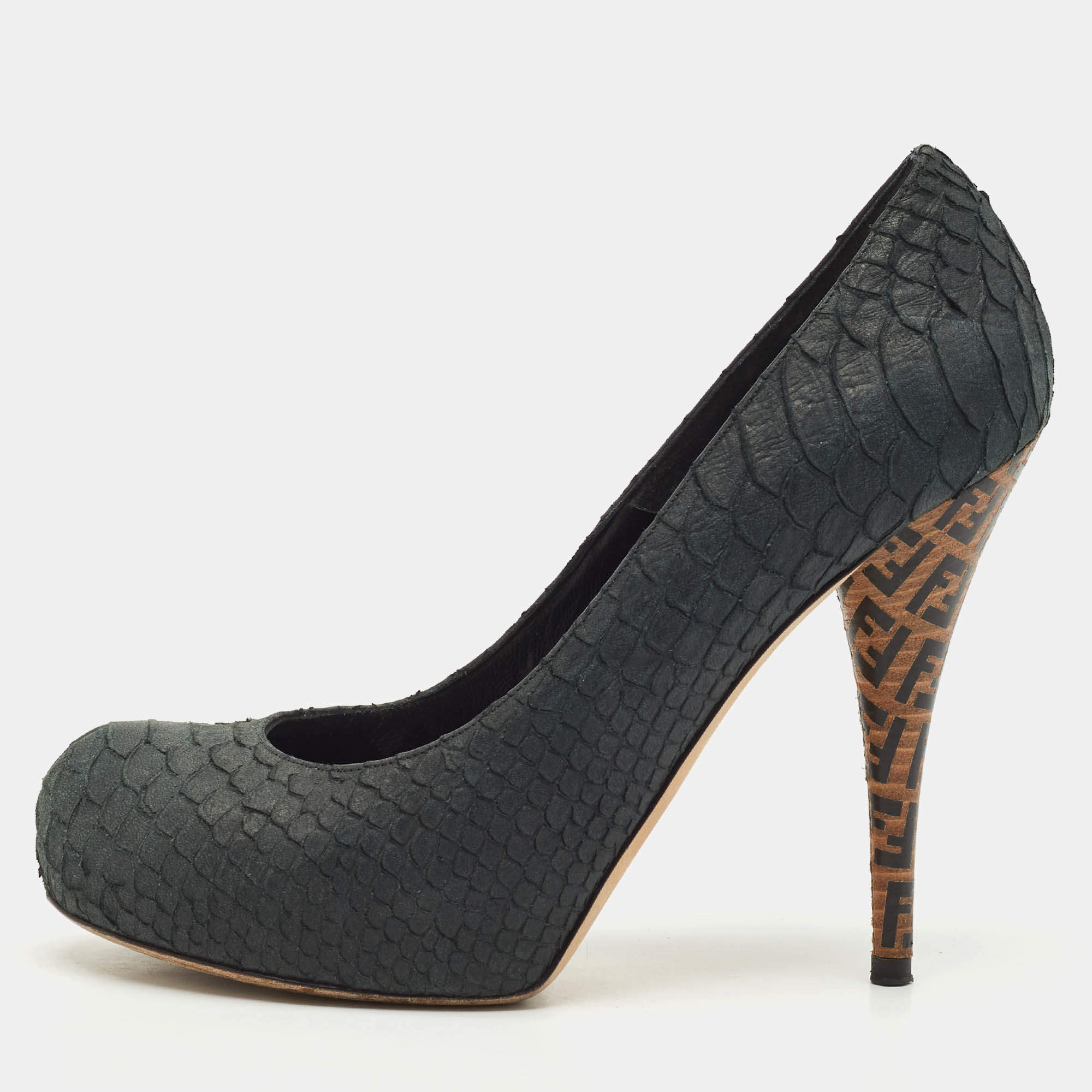 Fendi Dark Grey Python Embossed Leather Superstar Platform Pumps Size 38