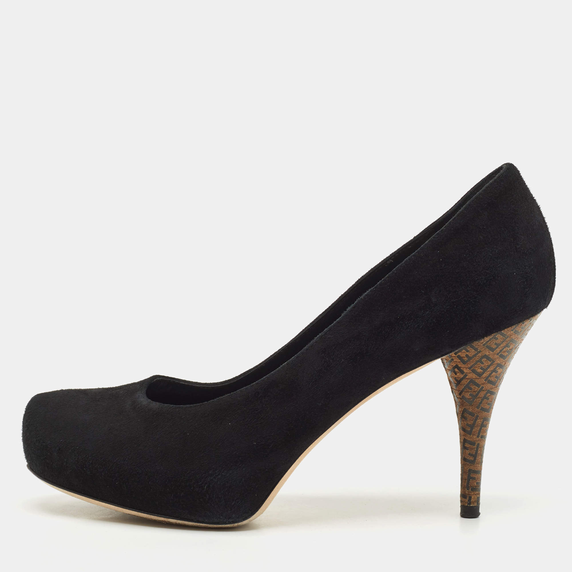 Pre Owned حذاء كعب عالي فندل جلد لامع أسود بالشعار نعل سميك مقاس  37.5