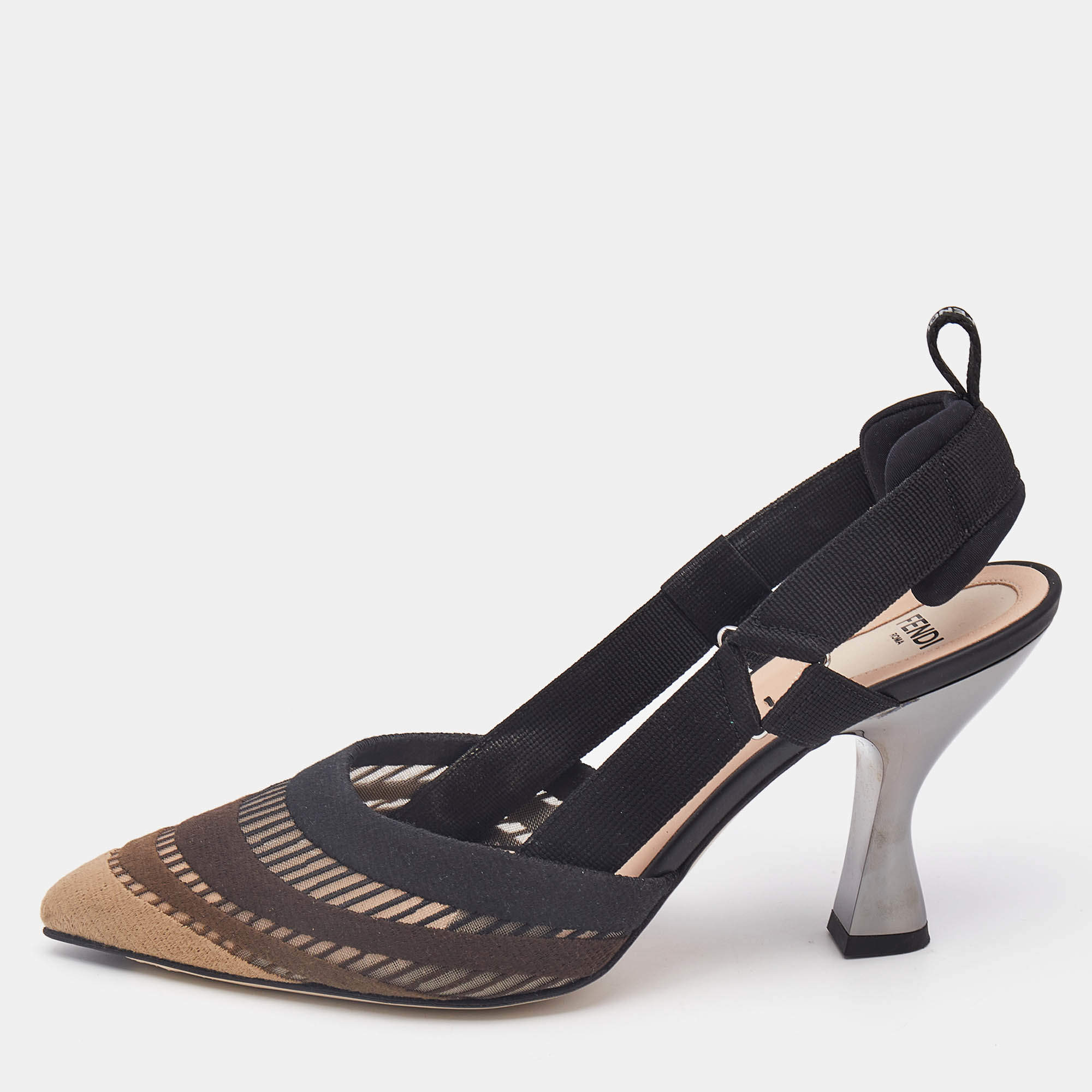 Fendi Black/Beige Fabric and Mesh Colibri Pumps Size 38