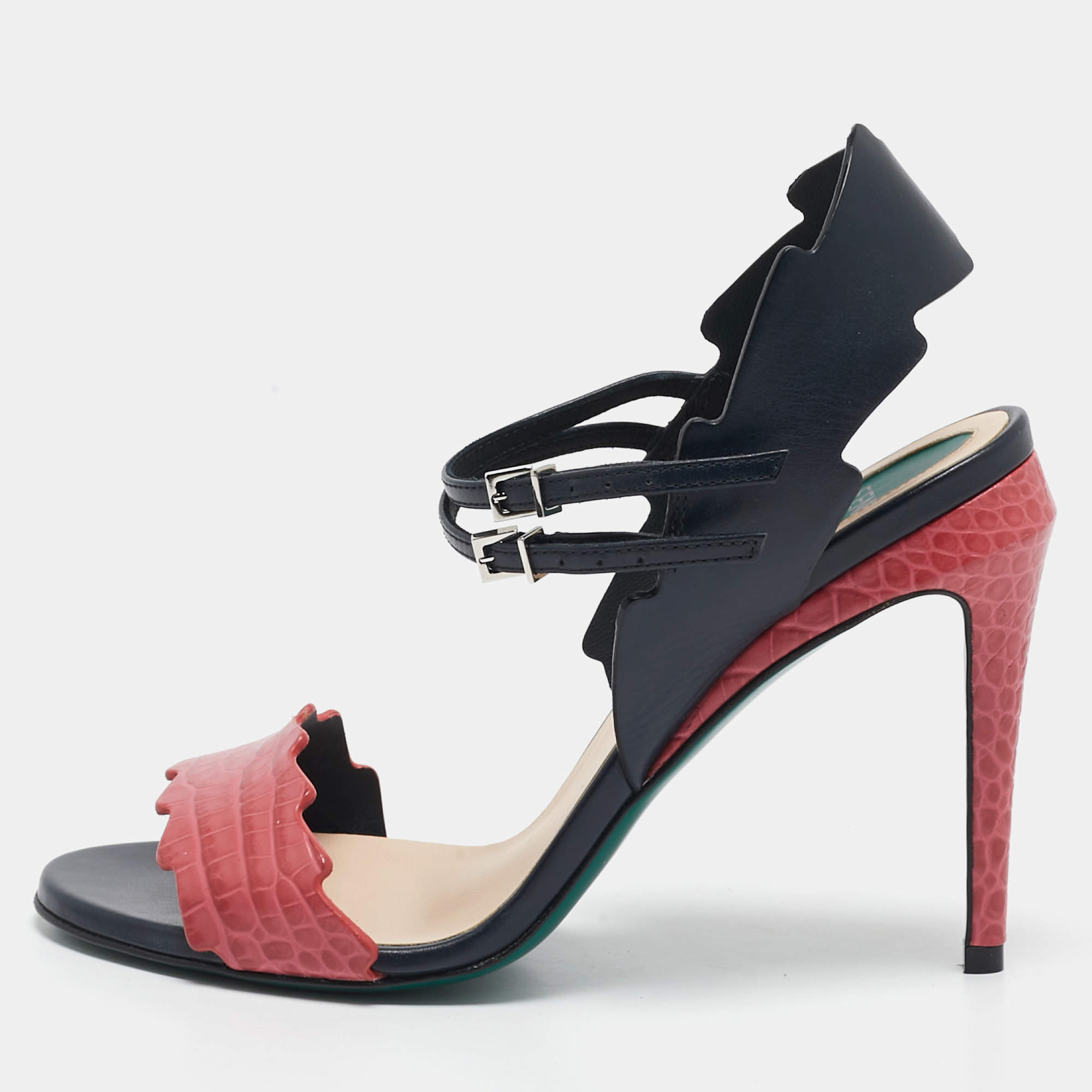 Fendi Black/Pink Croc Embossed and Leather Ankle Strap Sandals Size 36.5