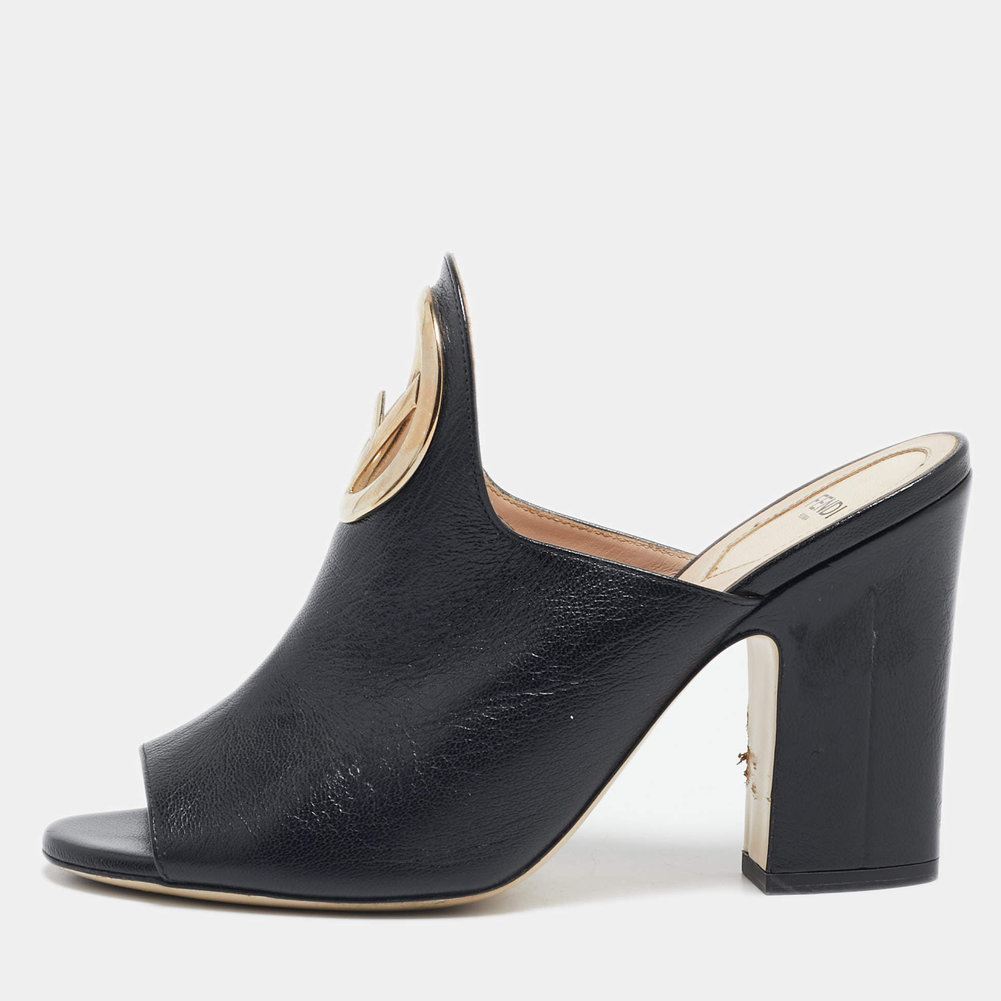 Fendi Black Leather F Logo Heel Mules Size 38