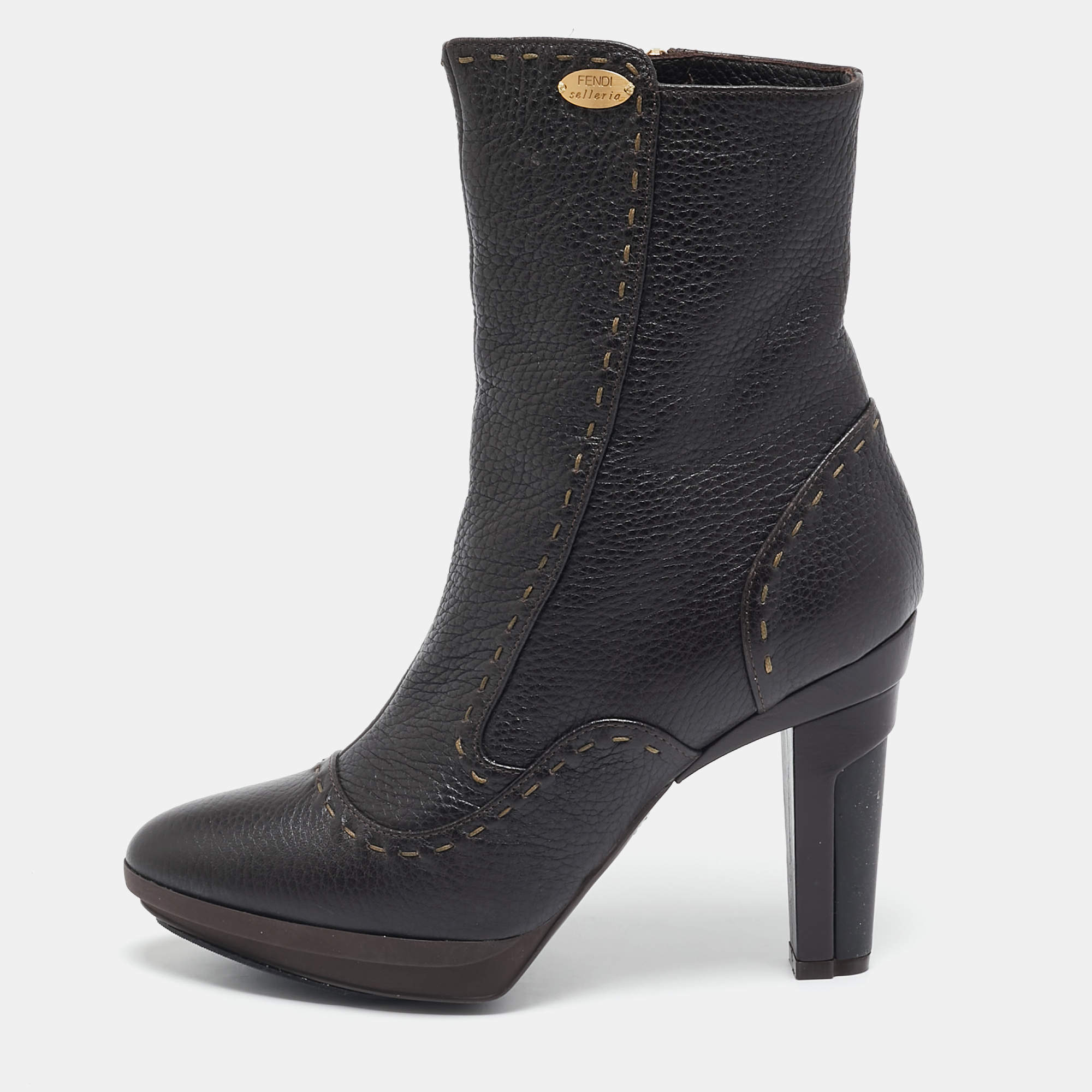 Fendi Dark Brown Selleria Leather Zip Ankle Length Boots Size 35
