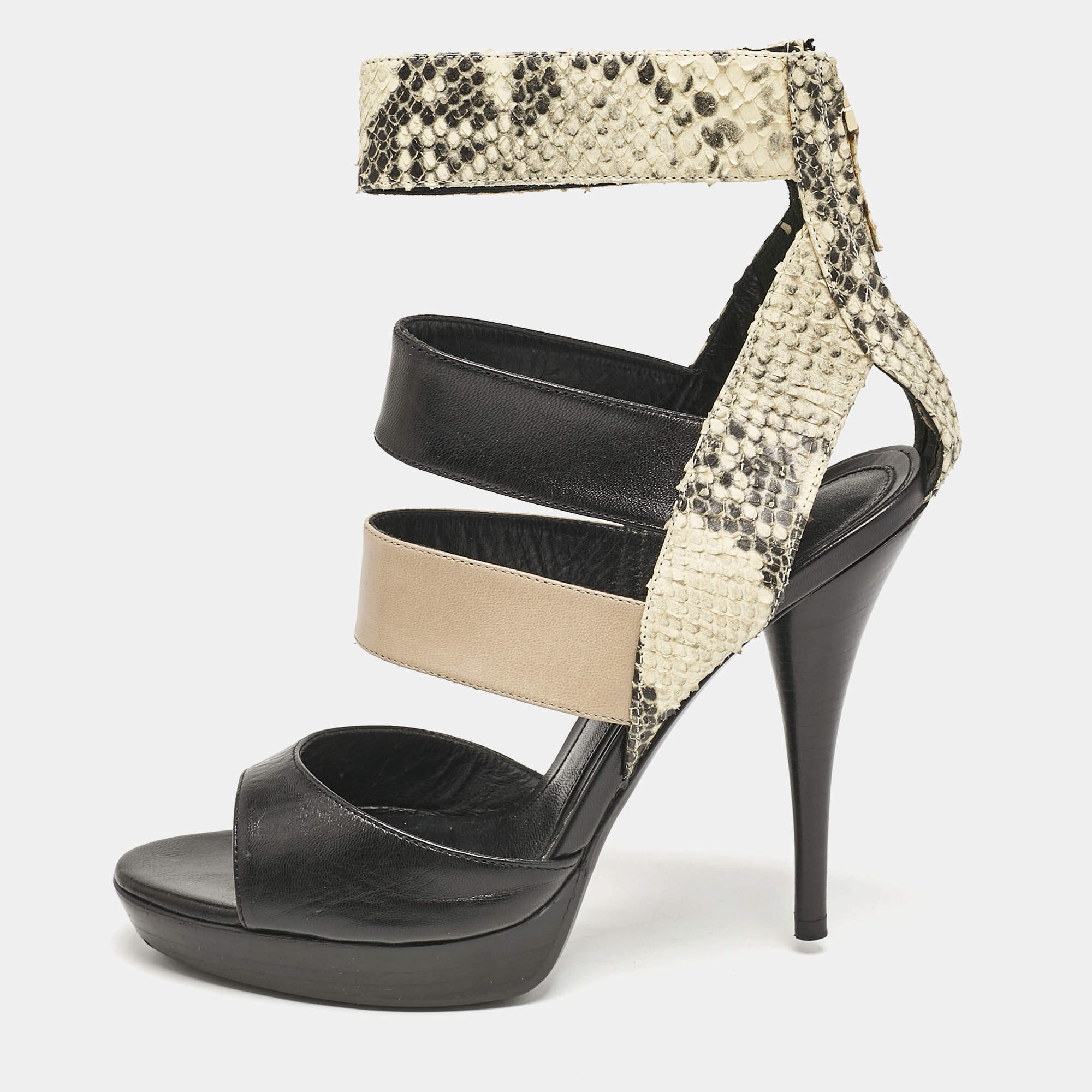 Fendi Tricolor Leather and Python Embossed Ankle Strap Platform Sandals Size 38