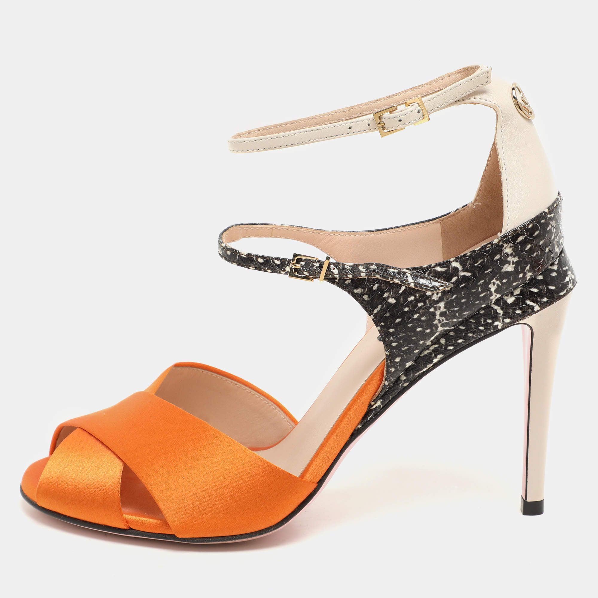 Fendi Multicolor Satin And Python Embossed Leather Criss Cross Ankle Strap Sandals Size 36
