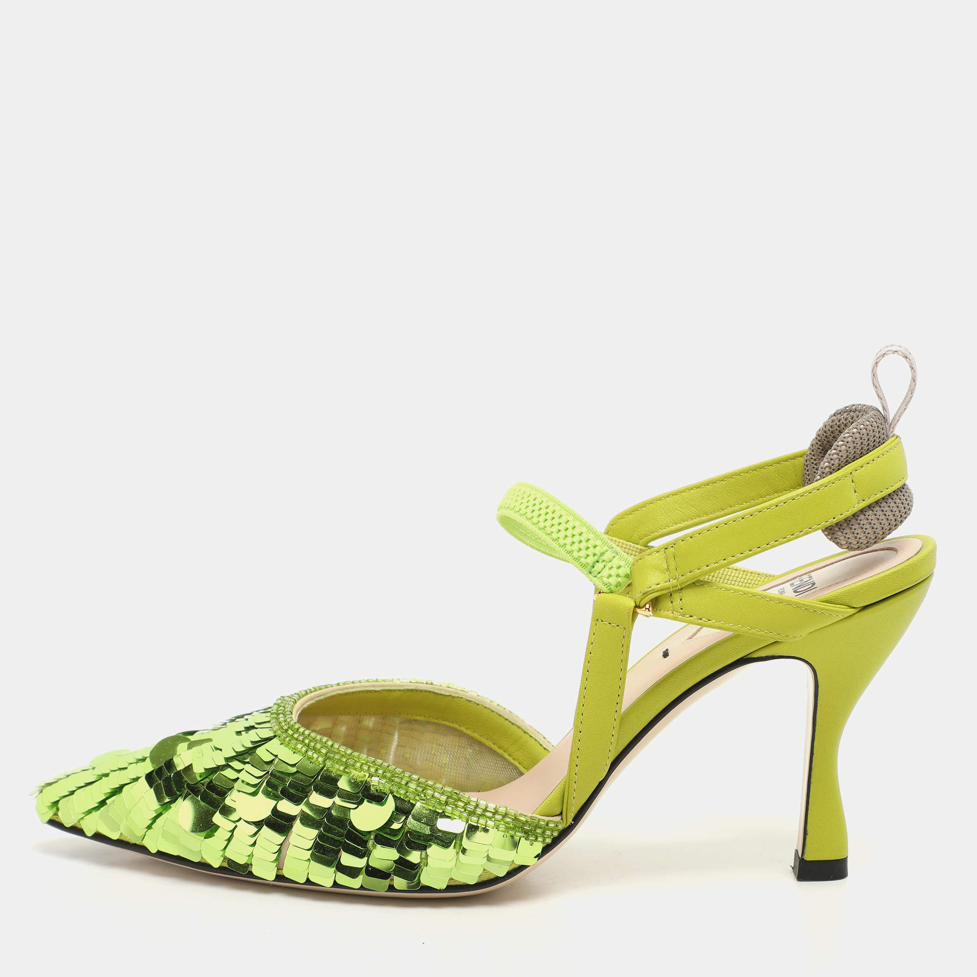 Fendi Green Leather and Sequins Embellished Colibri Lite Pumps Size 36