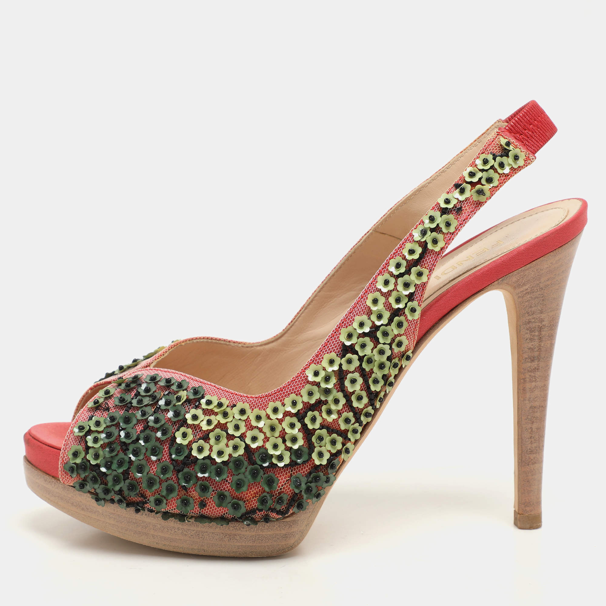 Pre Owned Fendi Pink/Green Mesh Embellished Peep Toe Slingback Pumps Size 36