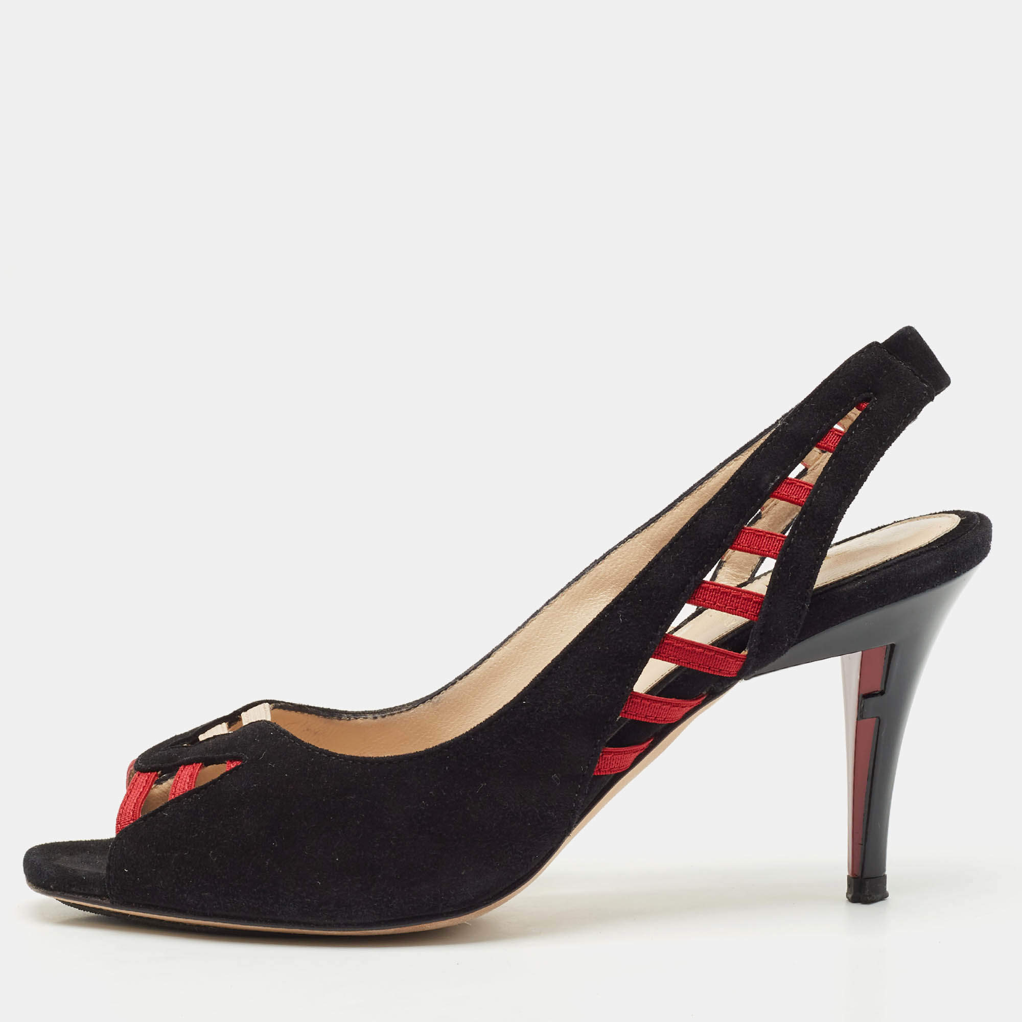 Fendi Black/Red Suede and Grosgrain Slingback Sandals Size 36