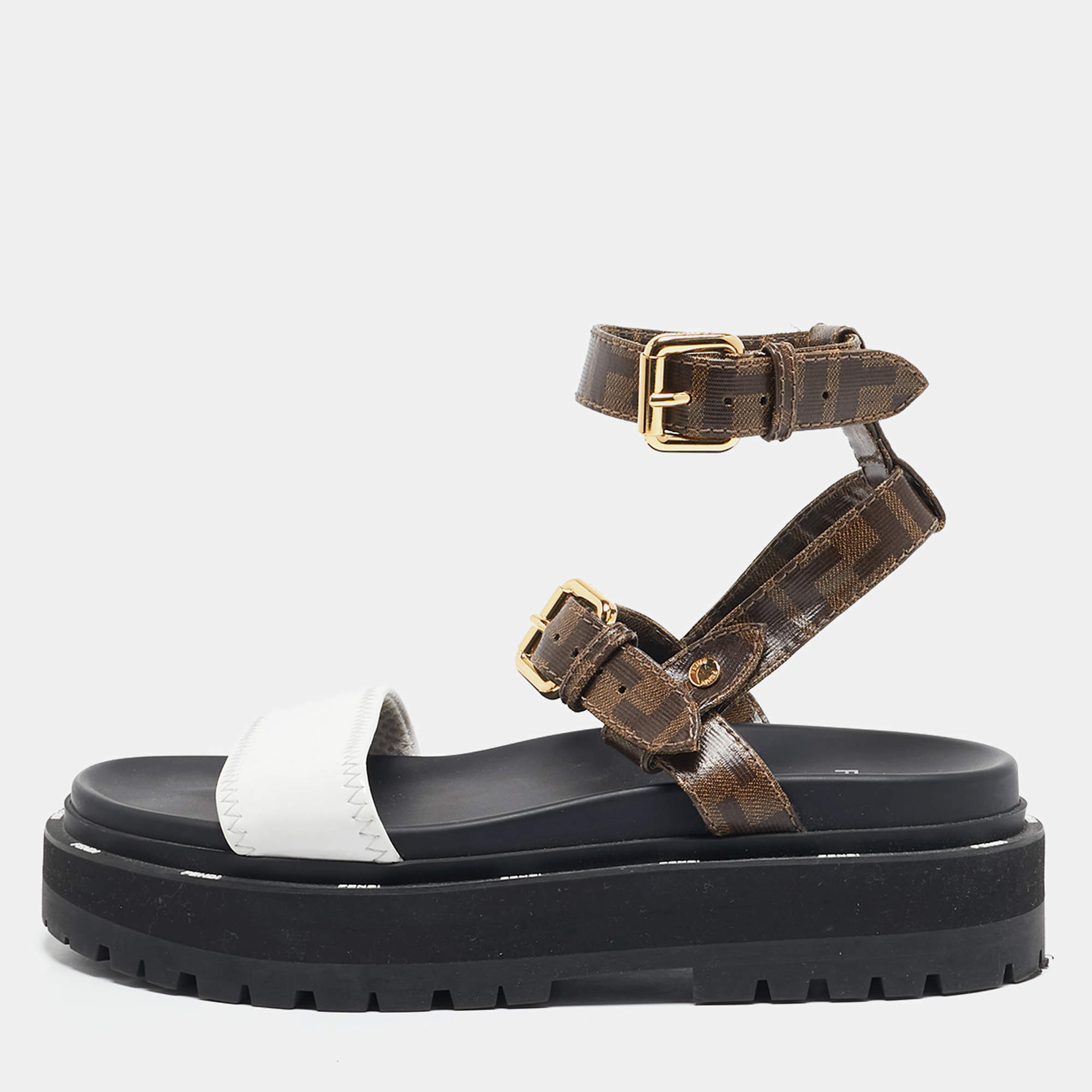 Pre Owned Fendi Brown/White Zucca Coated Canvas and Fabric Platform Sandals Size 38