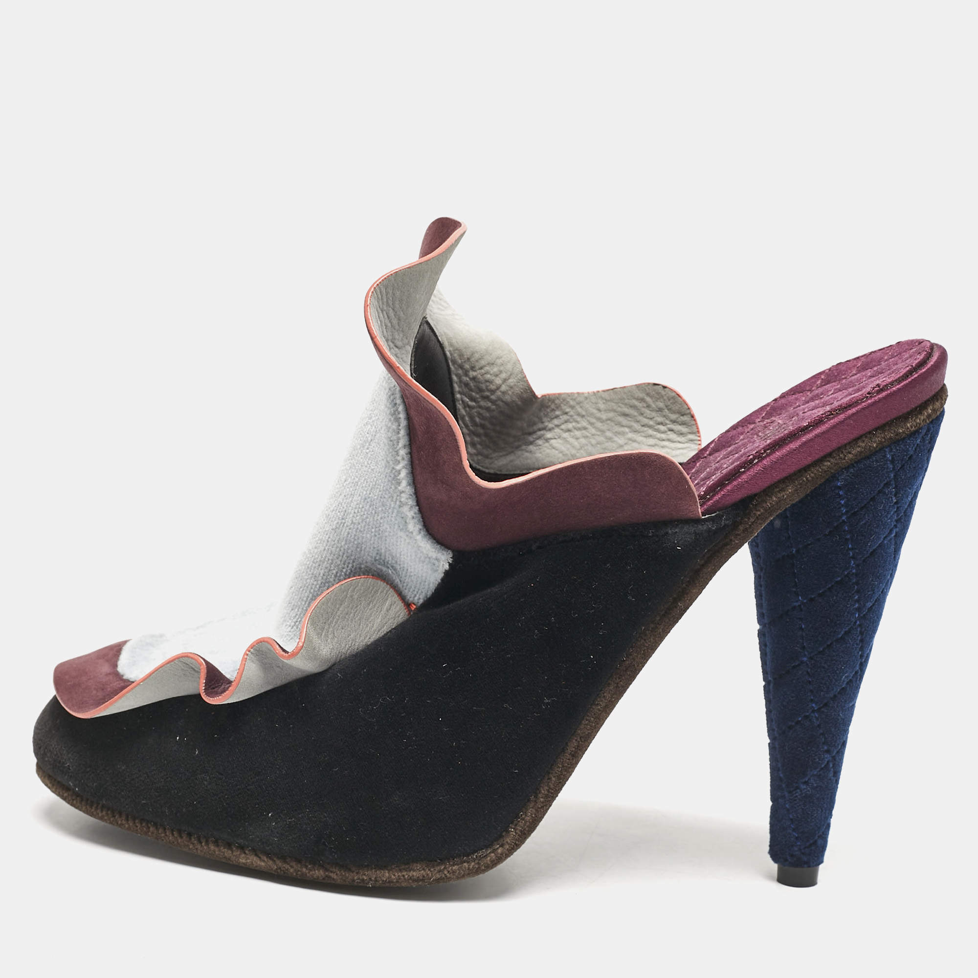 Fendi Multicolor Nubuck Leather and Velvet Mules Size 39