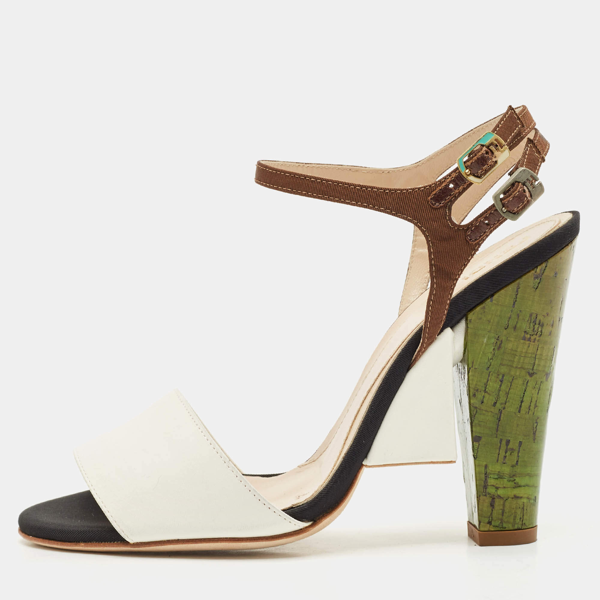 Fendi Multicolor Fabric and Leather Fantasia Ankle Strap Sandals Size 36