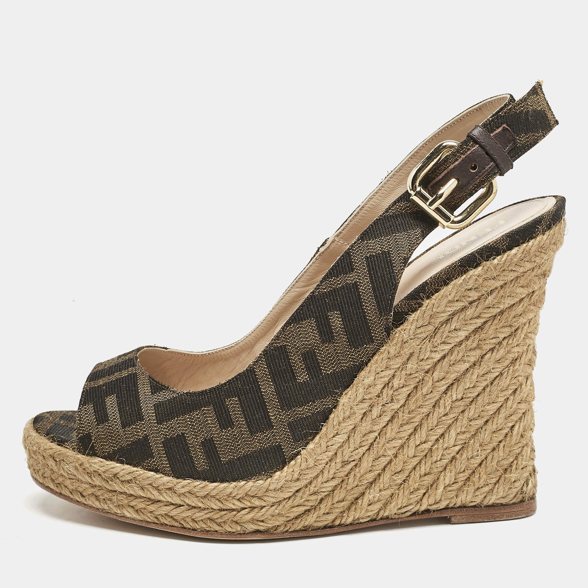 Fendi Brown Canvas FF Slingback Wedge Sandals Size 36