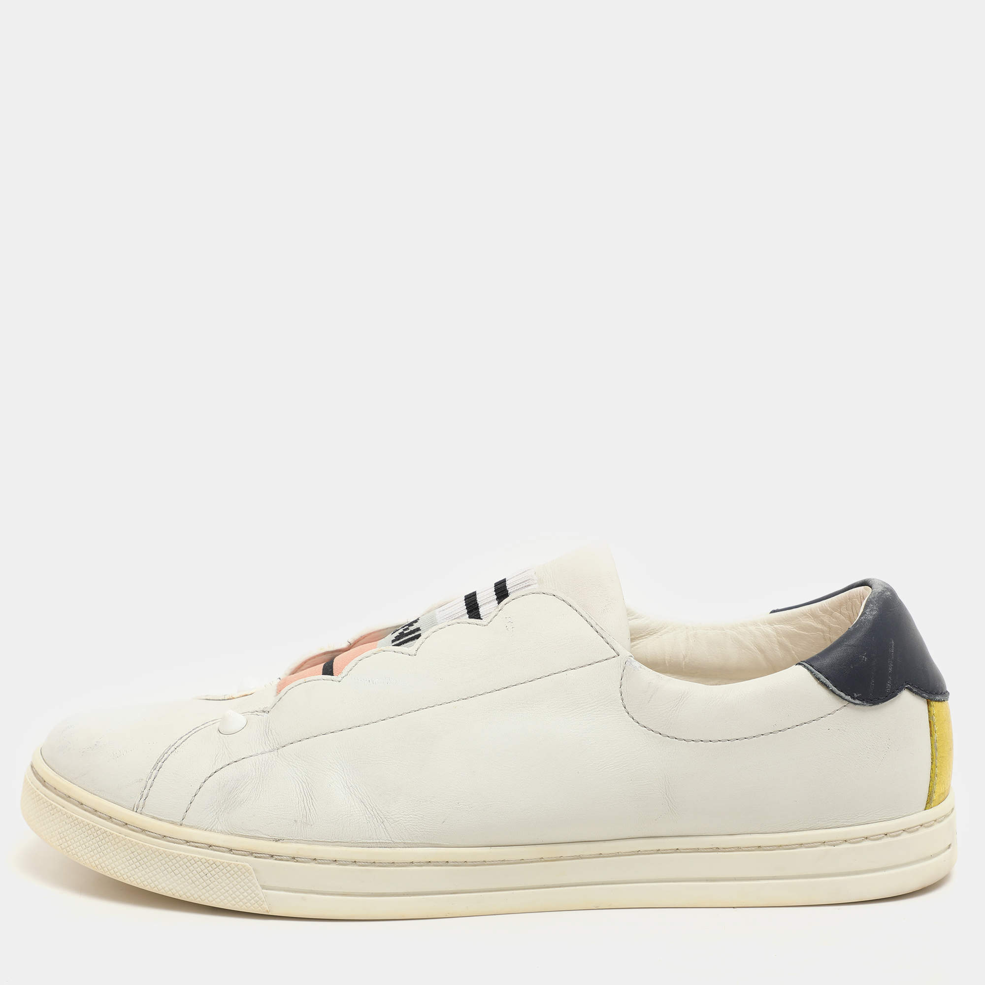 Fendi  Blue Leather Scalloped Logo Rockoko Slip On Sneakers Size 40