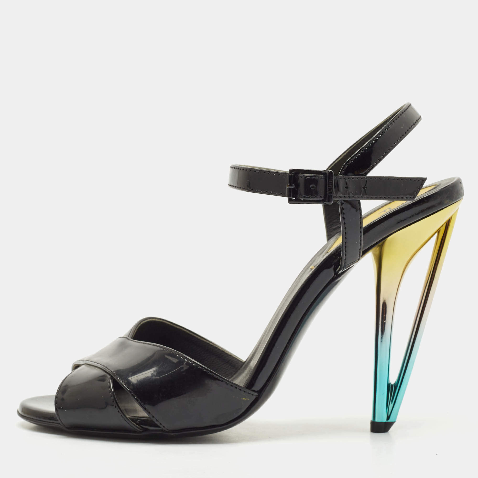 Fendi Black Patent Leather Ankle Strap Sandals Size 37.5