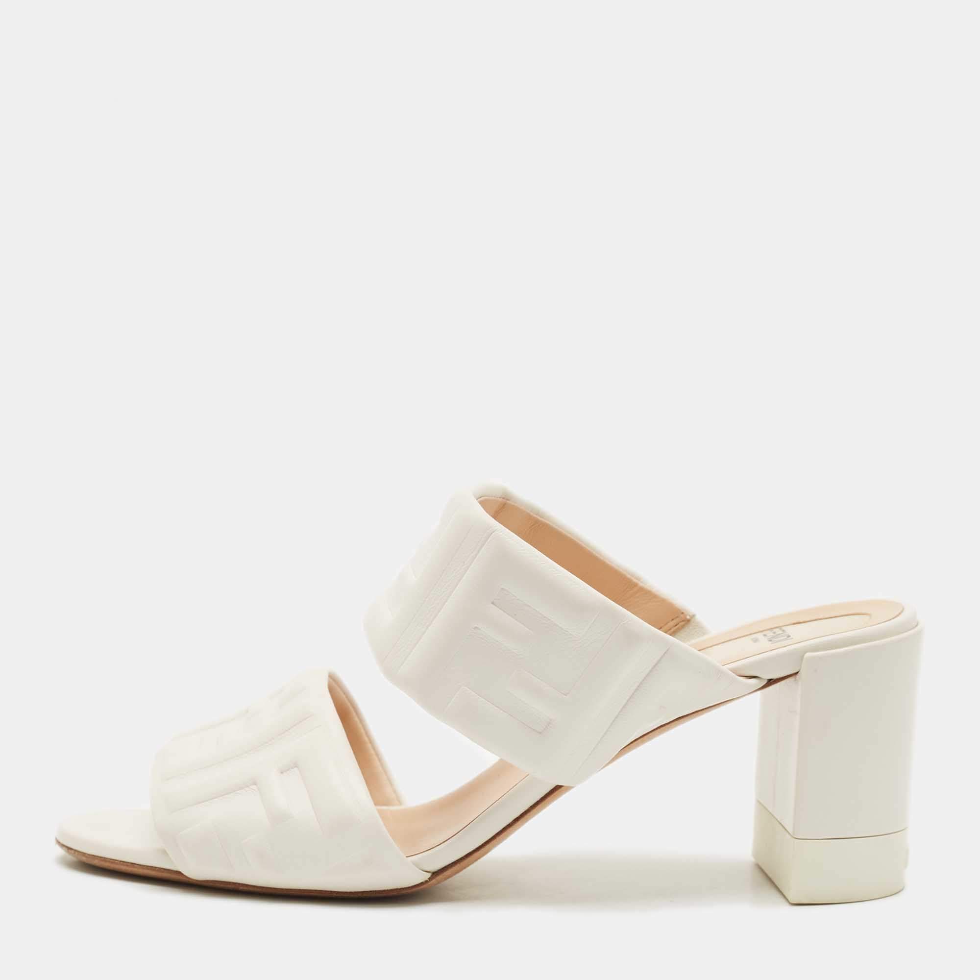 Pre Owned Fendi White Leather FF Embossed Block Heel Slide Sandals Size 38